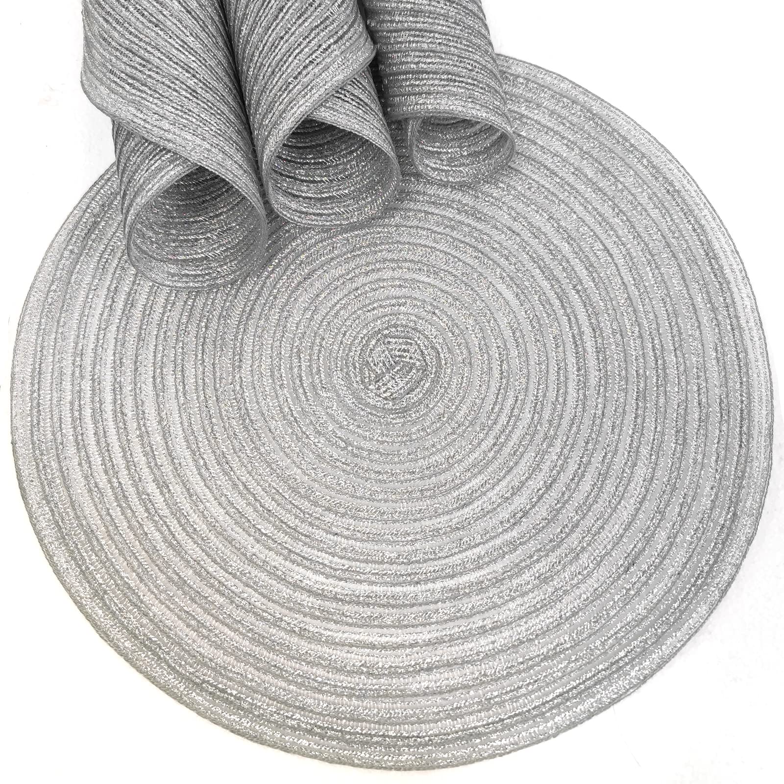 Adido Eva Round Placemats Set Of 4 Heat Resistant Braided Place Mats 11.8 Inch For Kitchen Table Silver