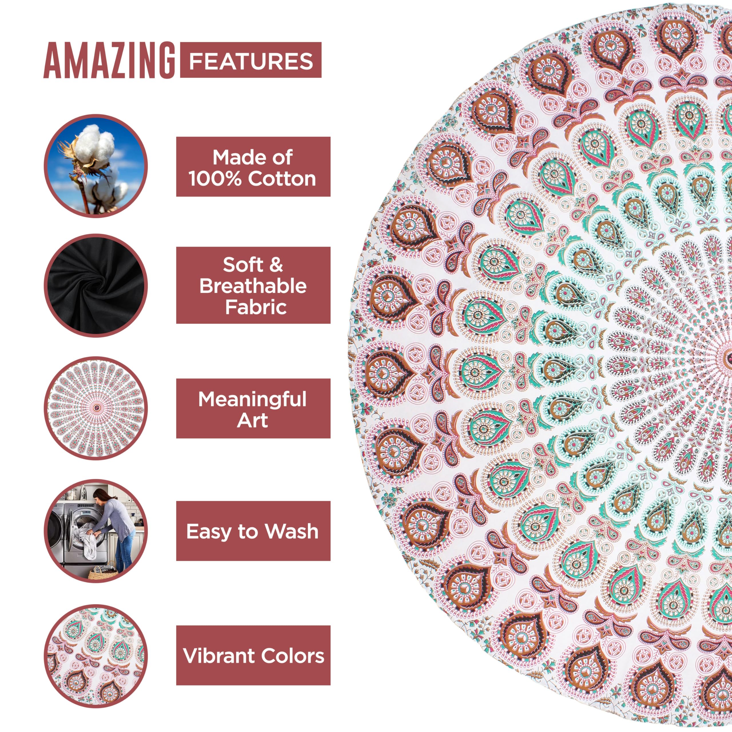 Raajsee White Brown Round Beach Tapestry Hippie/Boho Beach Blanket Mandala Roundie/Indian Cotton Throw - Round Tablecloth/Home D