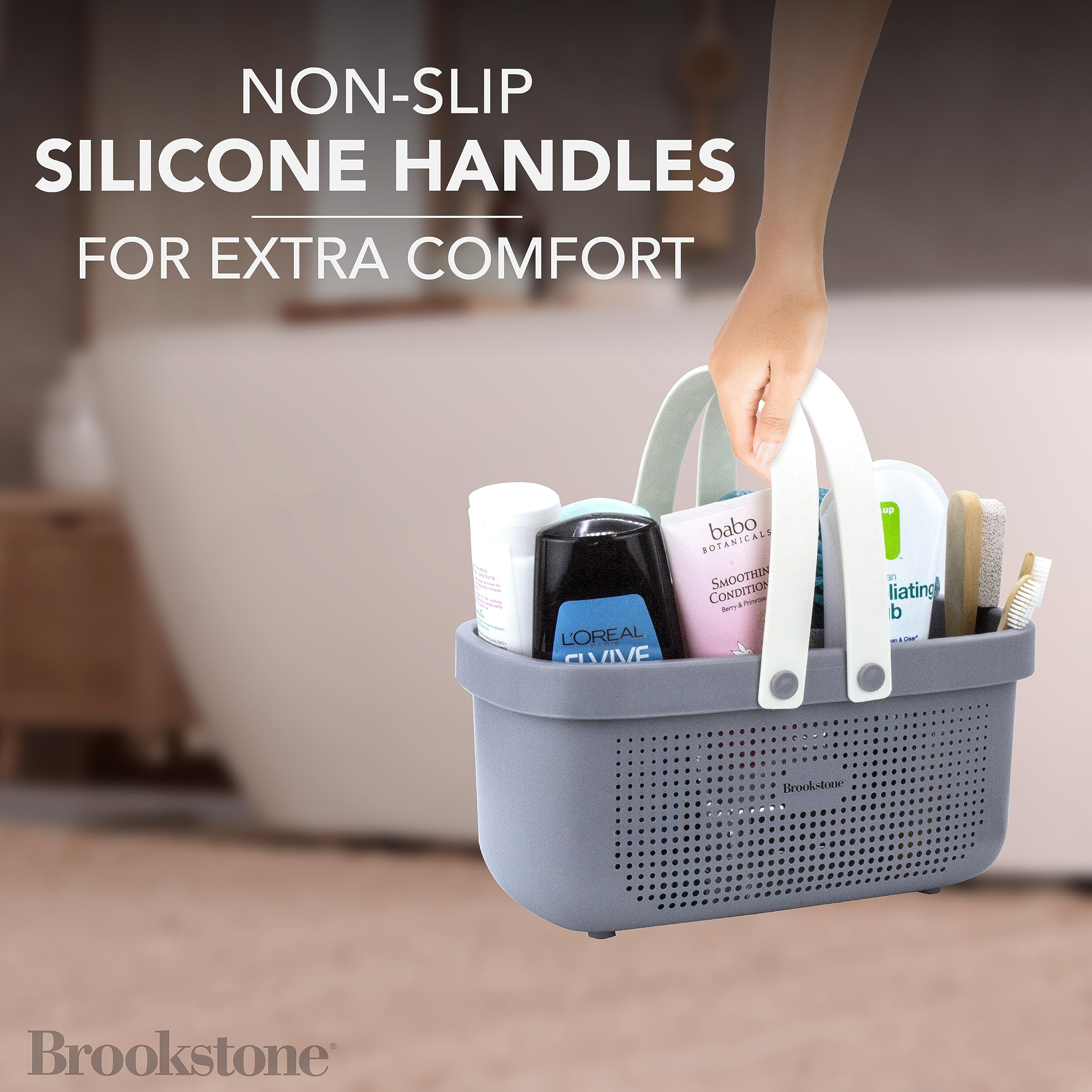 Brookstone Bkh1633, Large Portable Shower Caddy With Soft Silicone Carrying Handle, Bathroom Organizer Basket, Plastic Bath Tote