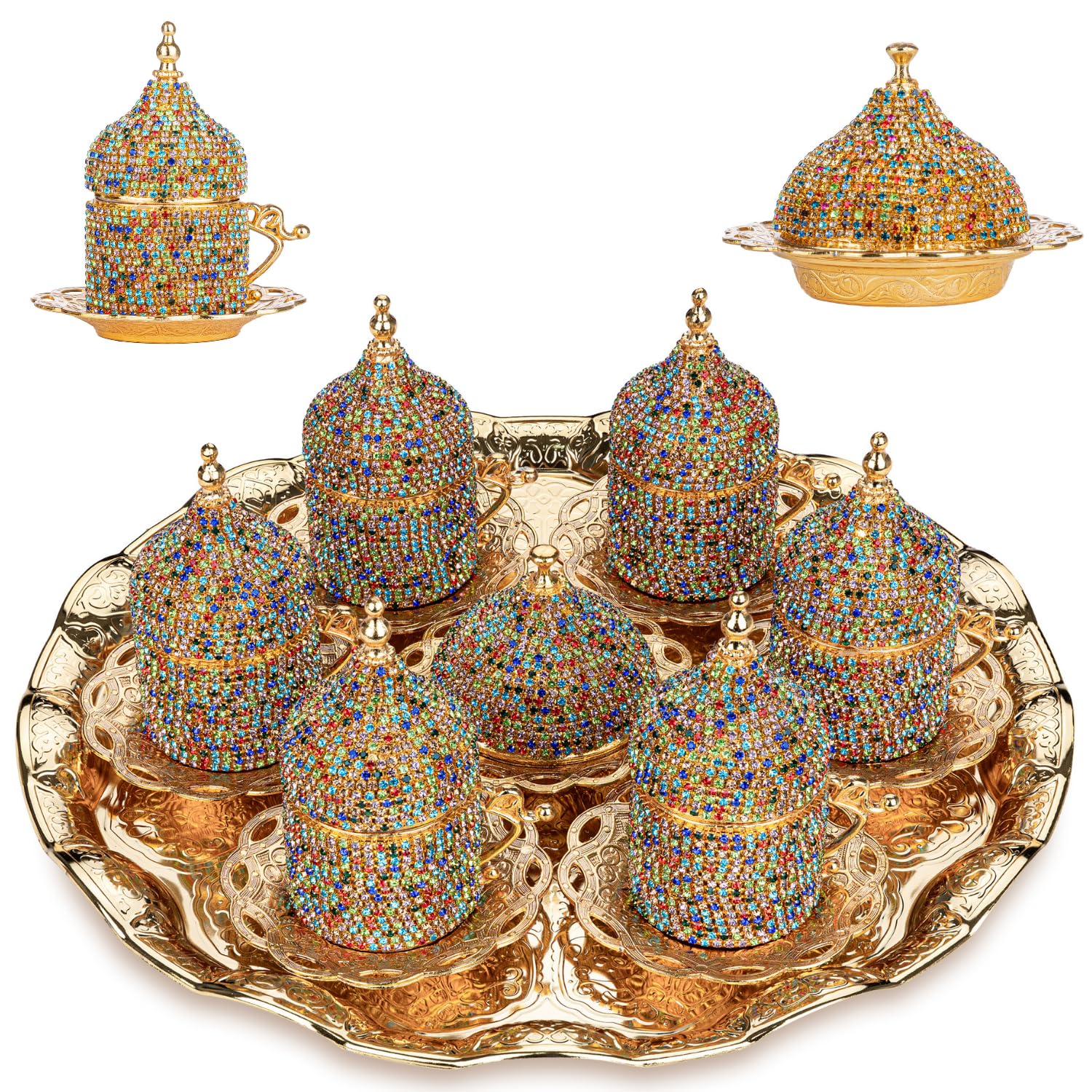 Alisveristime Crystal Embellished Turkish Coffee Set - 27 Pieces - Decorative Zamac Espresso Cups, Saucers and Sugar Bowl with T