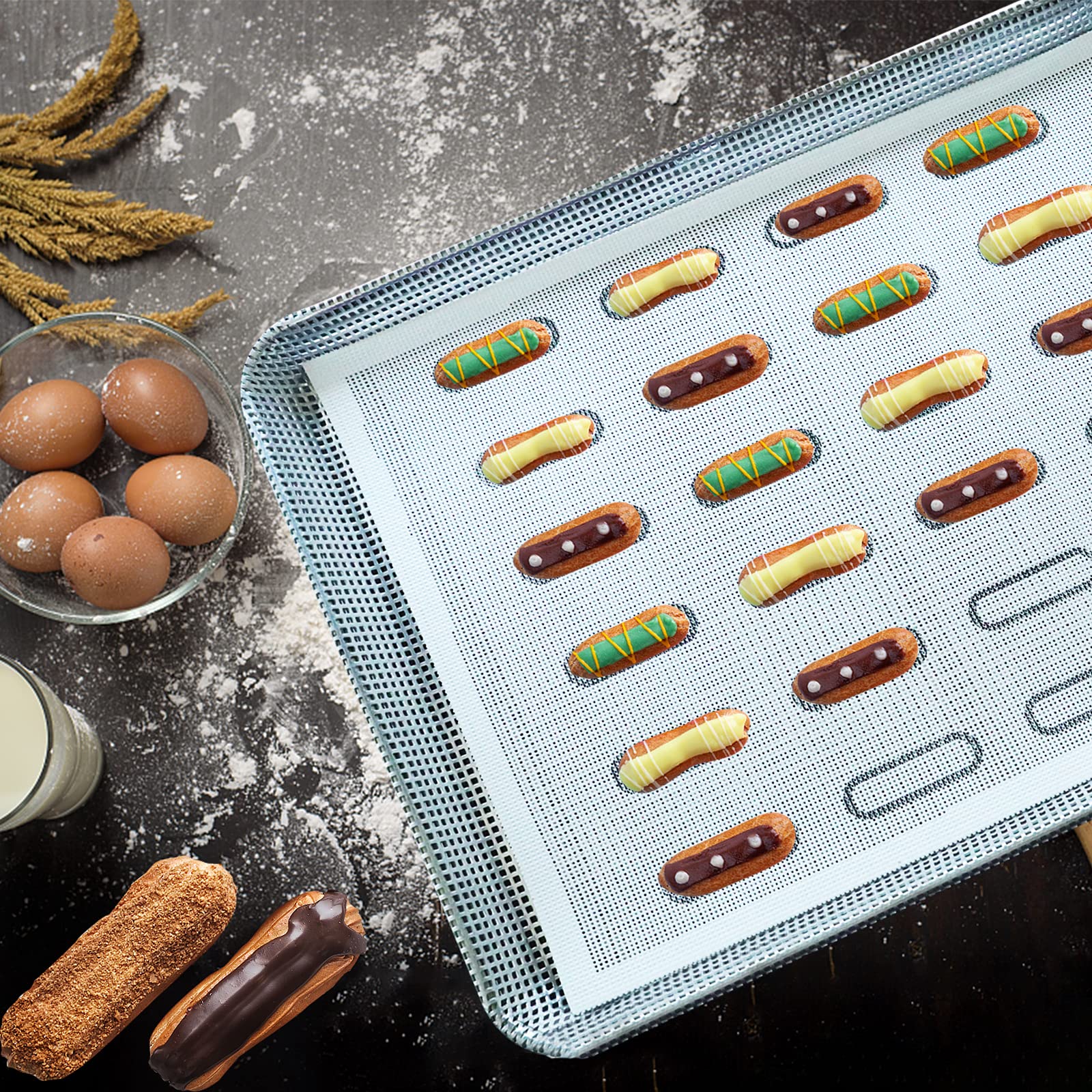 Firsmat 2 Pk Perforated Eclair Mesh Mat Silicone Baking Mats For Bread Tartlets Cookies Oven Sheets (11-4/5'' X 15-3/4'')