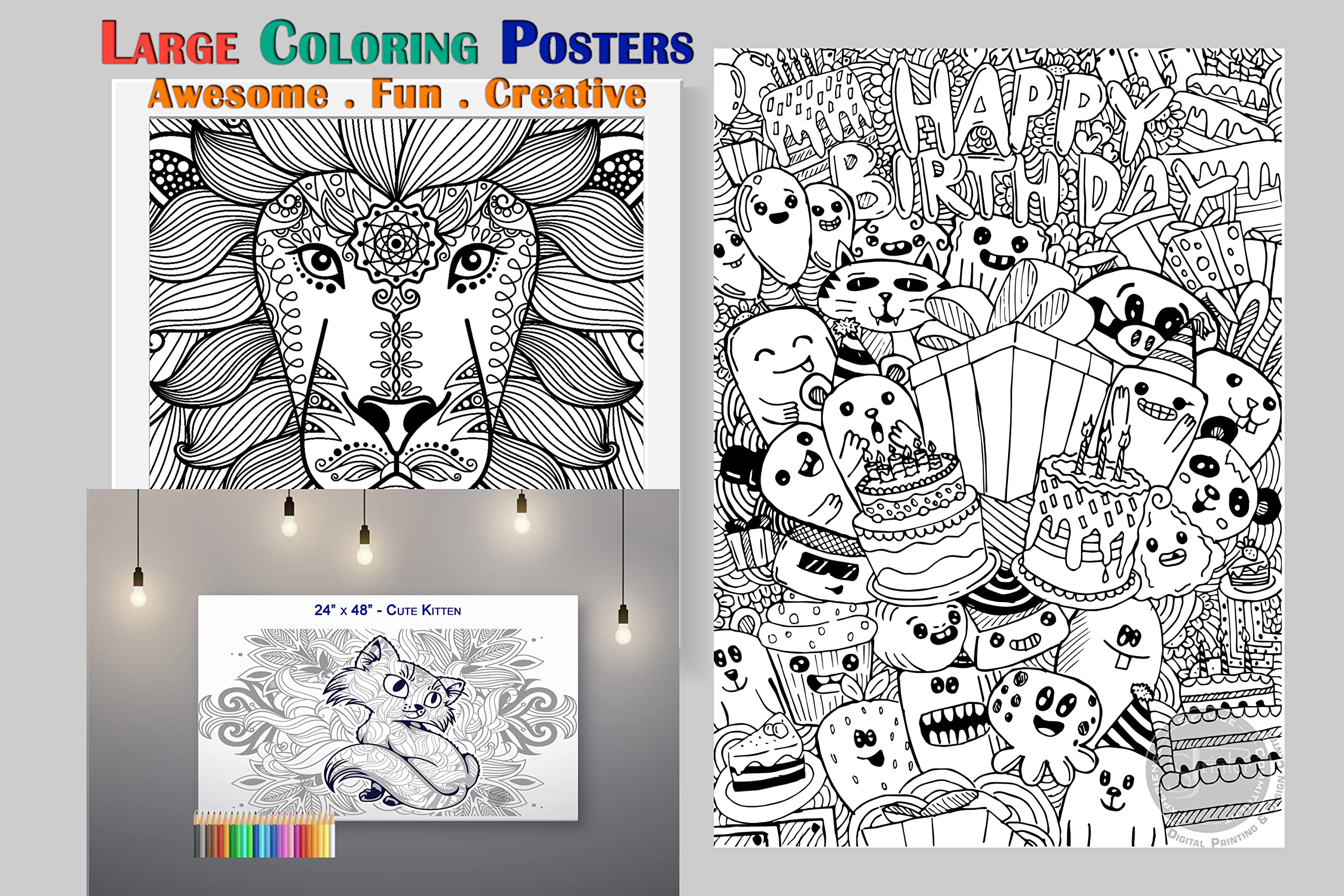 SJPRINTER Giant Coloring Poster for Kids and Adults - Great for Care Facilities  Schools  Group and Family Activities (Lion Head  30''x30'')