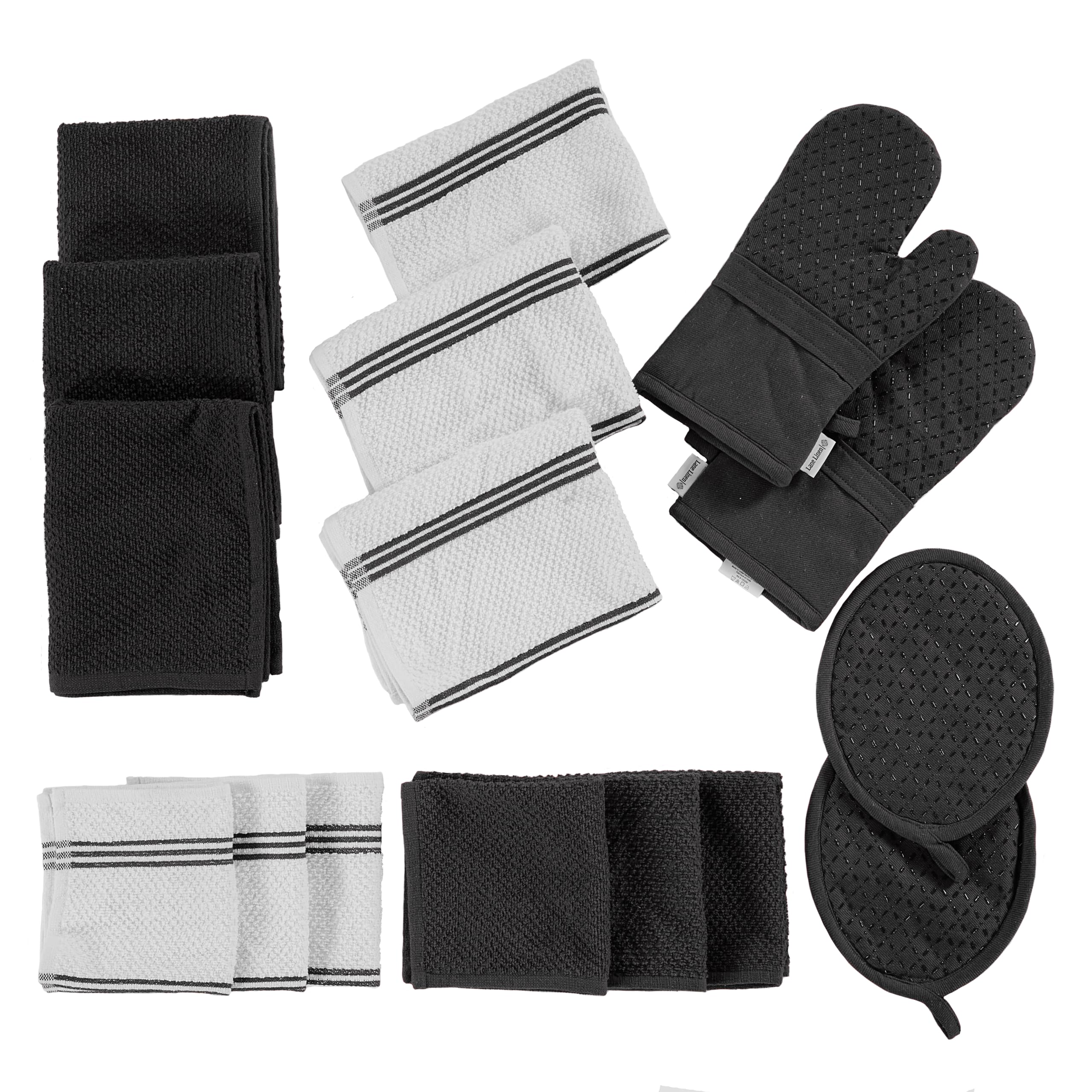 LANE LINEN 16-Piece Kitchen Towels & Dishcloths Set - Heat Resistant Silicone Oven Mitts, Pot Holder & Absorbent Terry Dish Towe
