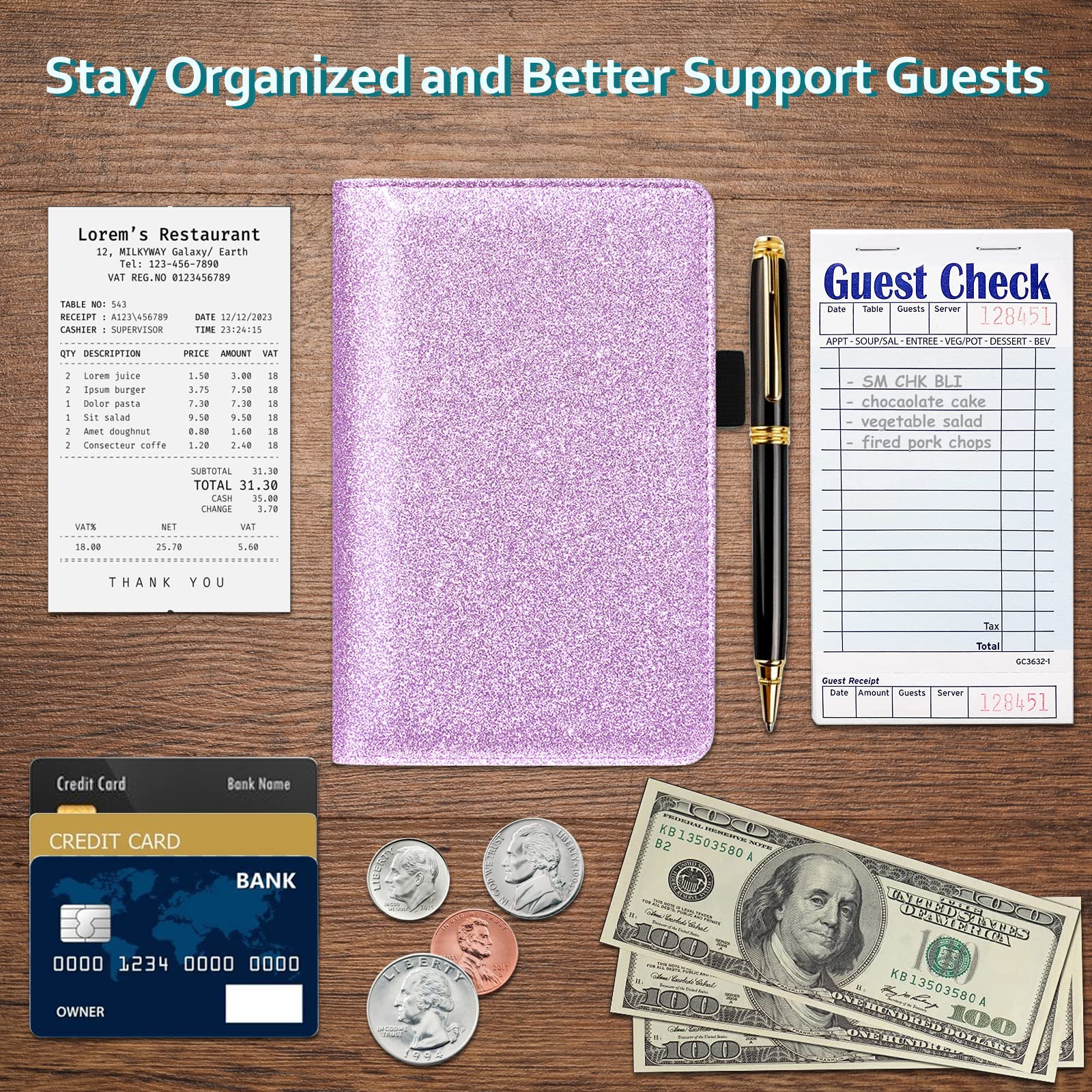 Rsaquar Server Books For Waitress, Cute Waitstaff Organizer Wallet Support With 7 Storage Pockets For Recipes And Guest Check, L