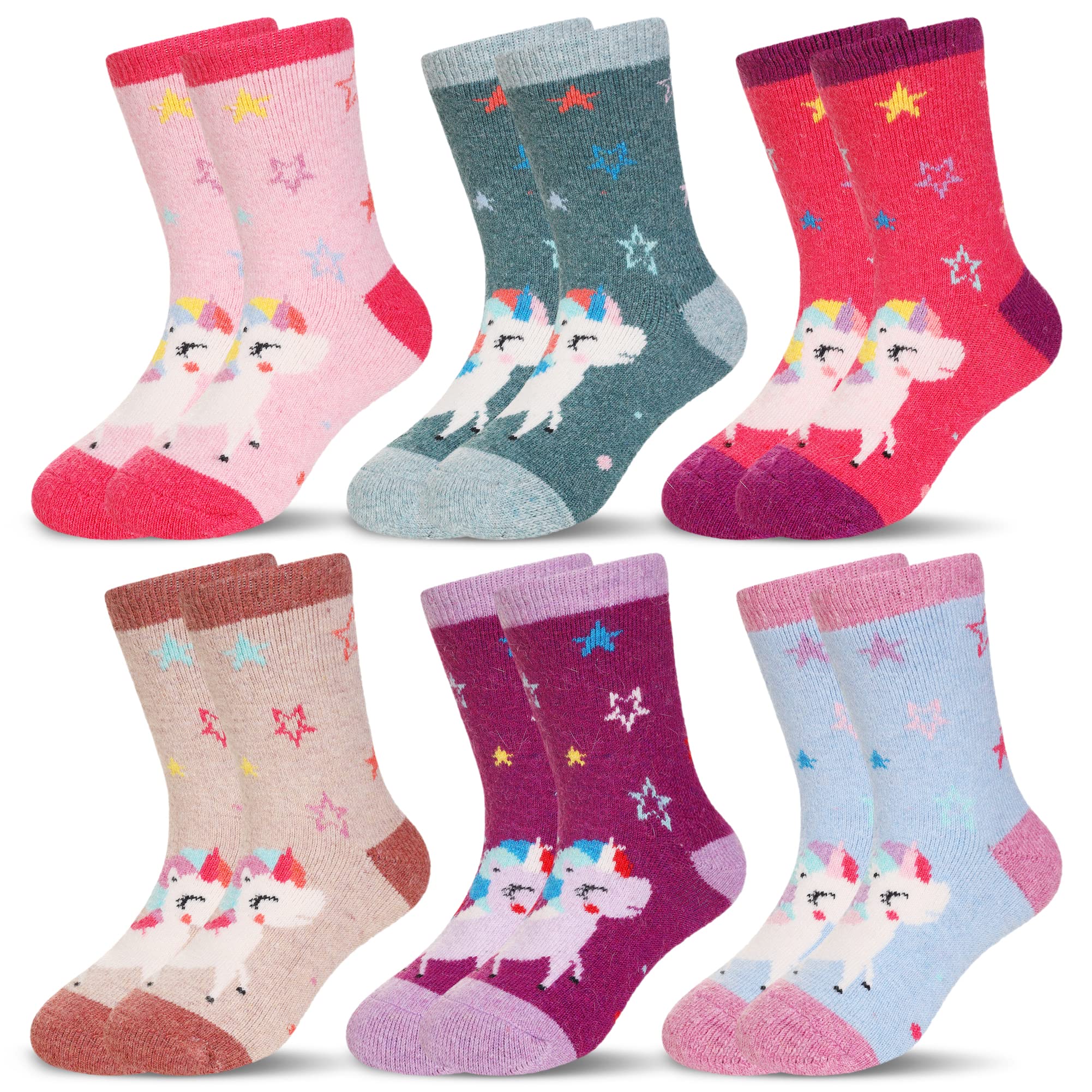 Eocom Kids Wool Socks Winter Warm Wool Hiking Thermal Thick Boot Cozy Crew Socks For Toddlers Boys Girls 6 Pairs(Cute Unicorn, 4