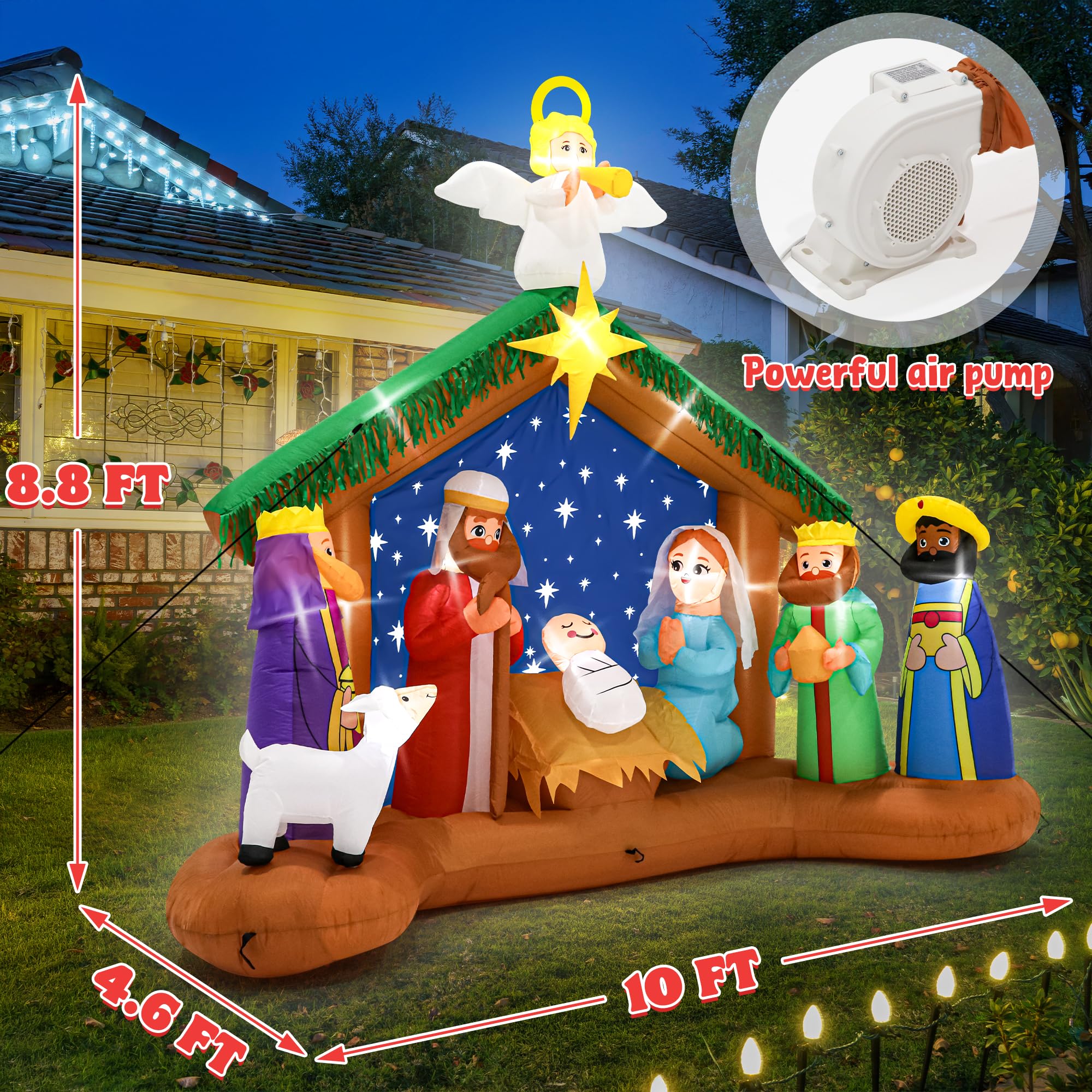 Melisheer 10FT Christmas Inflatable Nativity Scene, LED Lighted Polyester Decor for Outdoor Xmas Yard, Model Mel+blowXmas-25-5, Colorful