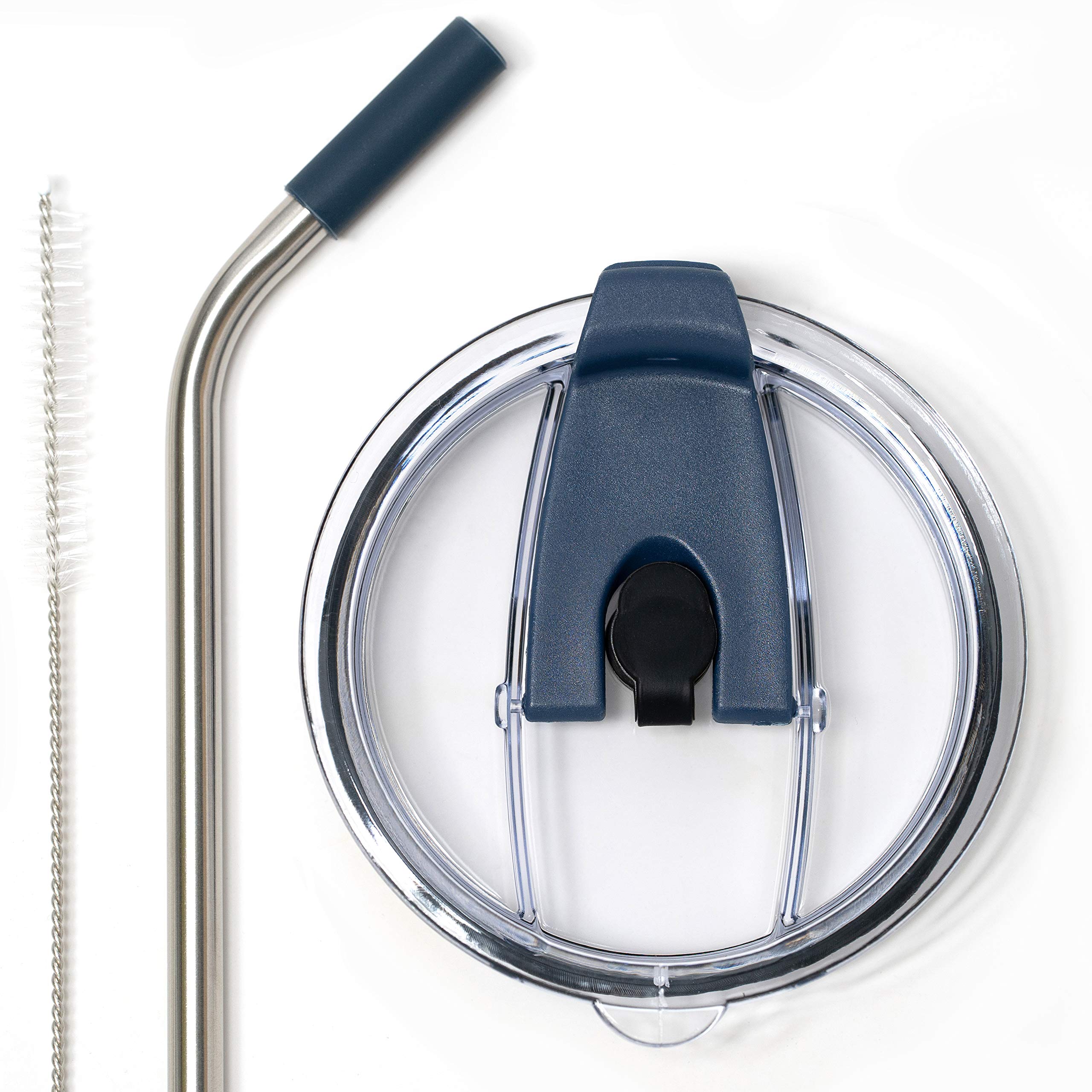 Spill Proof Tumbler Lid With Angled Stainless Steel Straw + Silicone Straw Tip + Straw Cleaning Brush For Yeti Rambler Or Ozark
