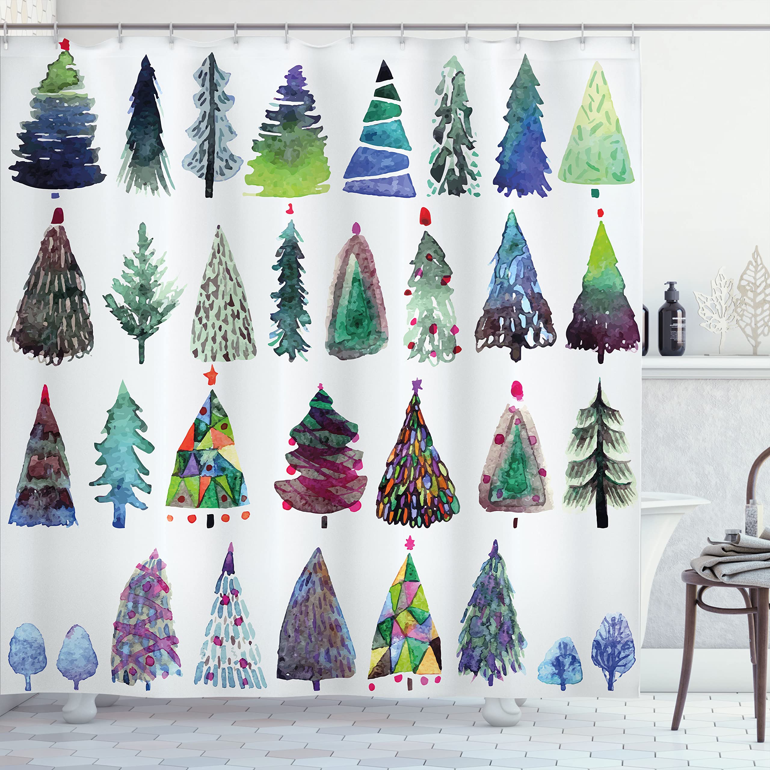 Ambesonne Christmas Shower Curtain, Watercolor Christmas Theme Fir Trees Artistic Abstract Silhouettes Illustration, Cloth Fabri