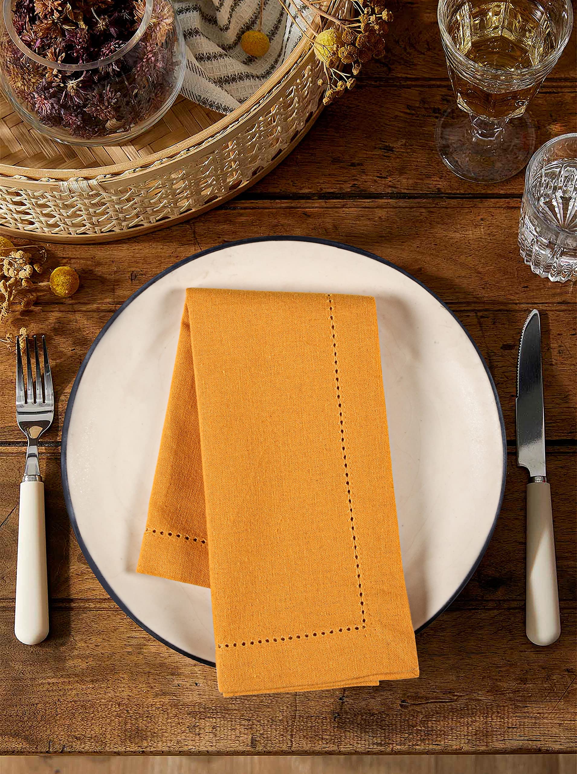 Palisa Cloth Dinner Napkins with Hemstitched Detailing & Mitered Corners Set of 12 (18x18 Inches) Mustard - Cotton Reusable Dinner Napkins - Perfect for Weddings & Everyday Use