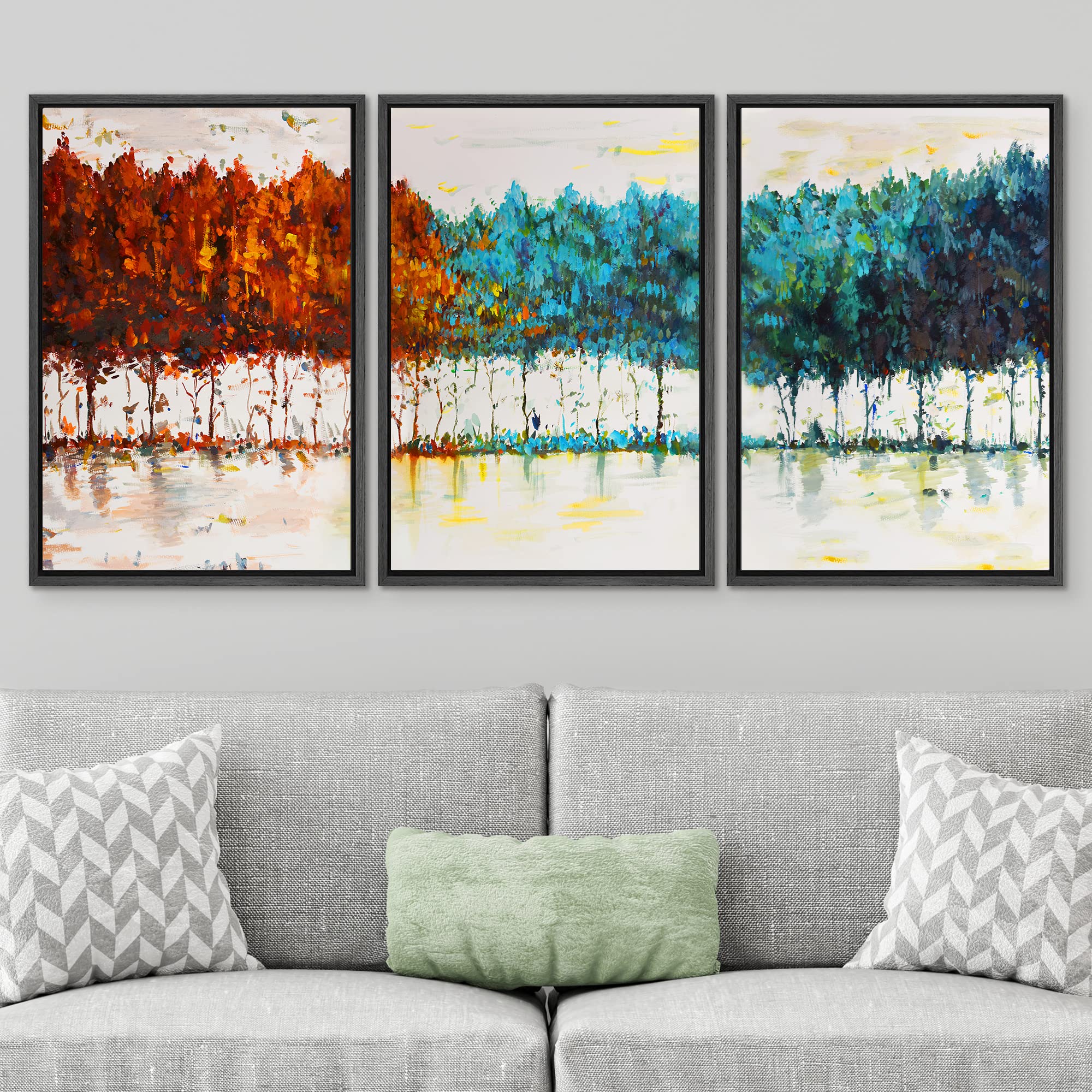Signwin Framed Canvas Print Wall Art Set Red Blue Pastel Forest Wilderness Plants Illustrations Modern Art Farmhouse/Country Lan
