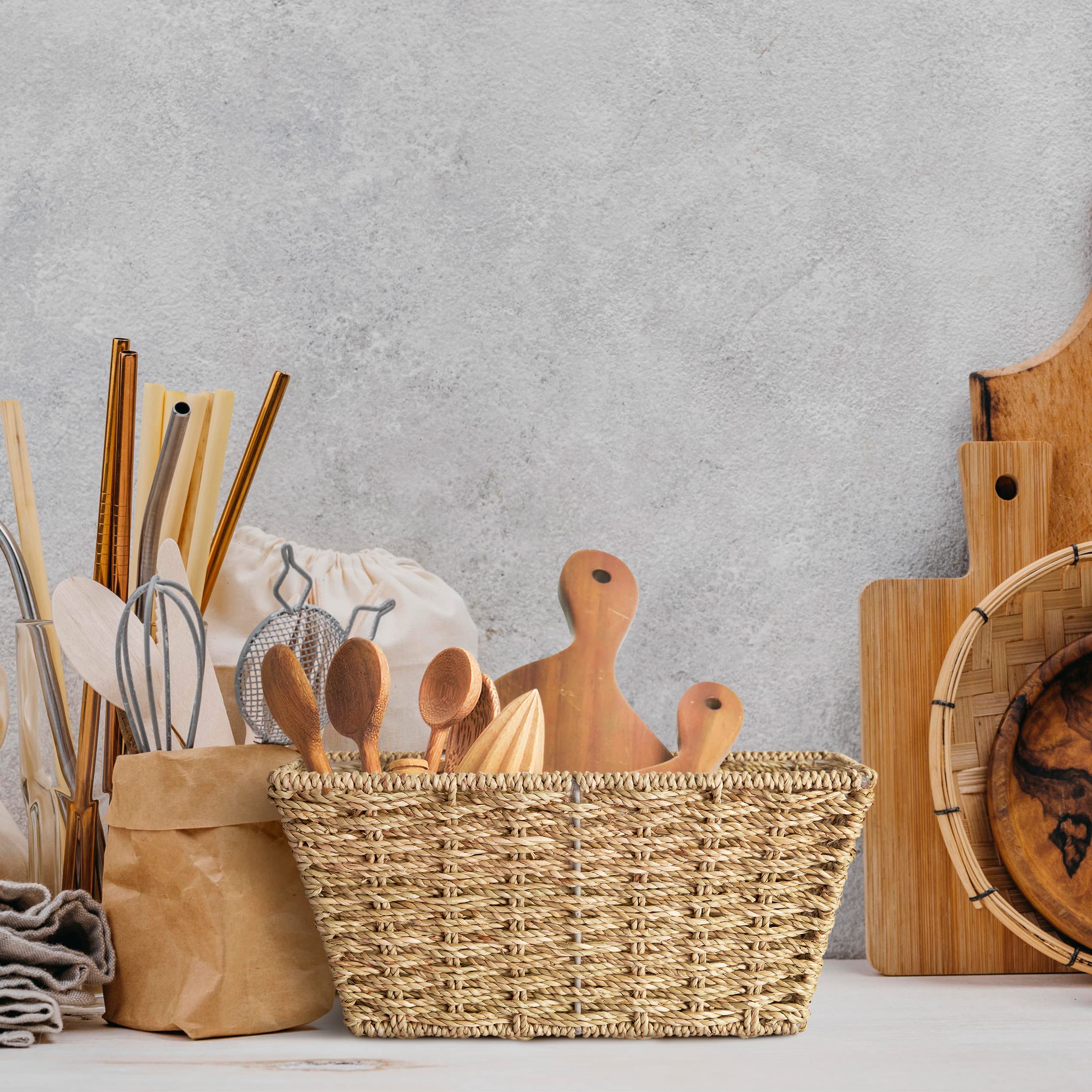 Artera Medium Wicker Storage Baskets - Woven Seagrass Basket For Organizing, Stackable Natural Storage Bins With Handles For Lau