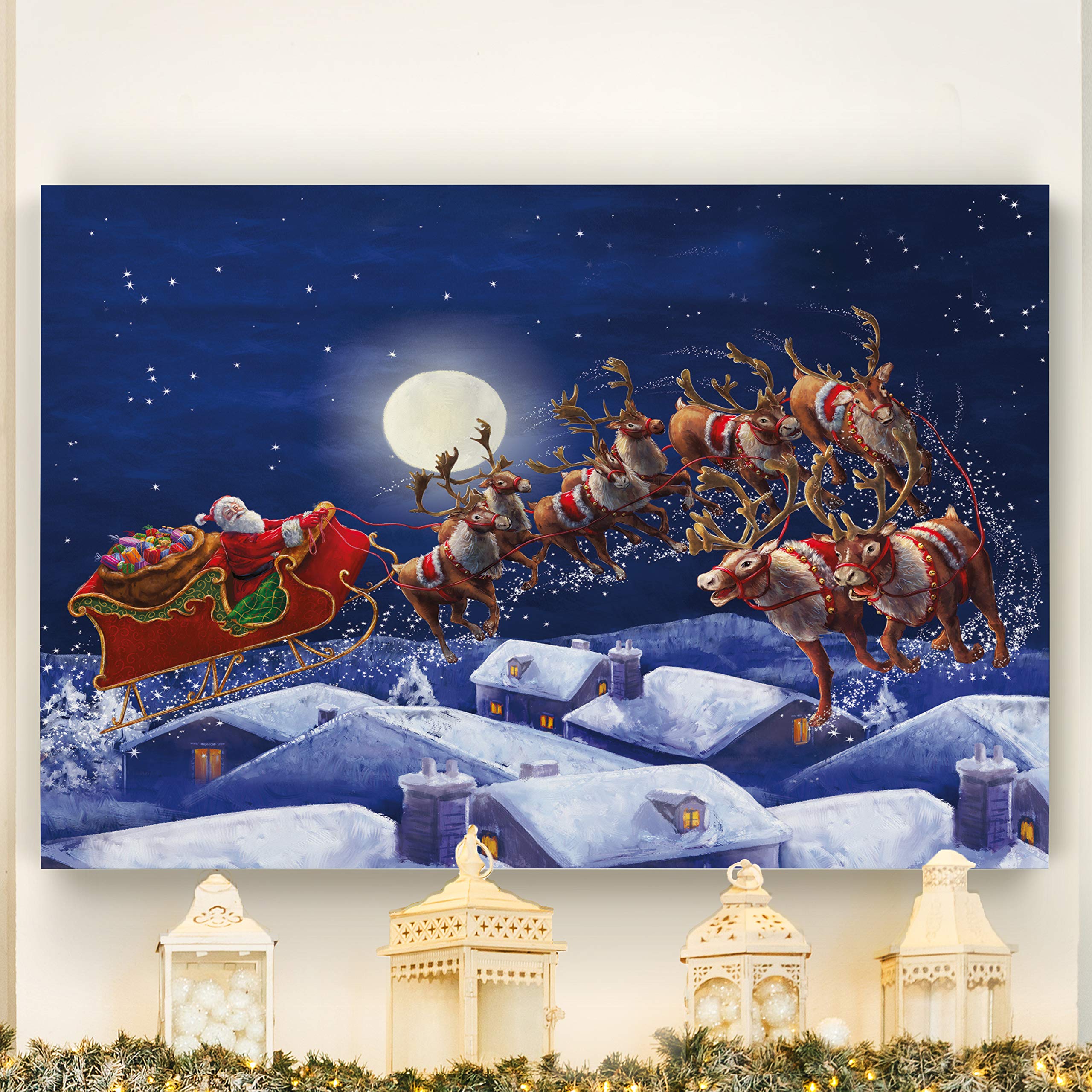 Renditions Gallery Gallery Wrapped Canvas Christmas Wall Art Print For Holiday Decor, 36X48, Santa With Sleigh