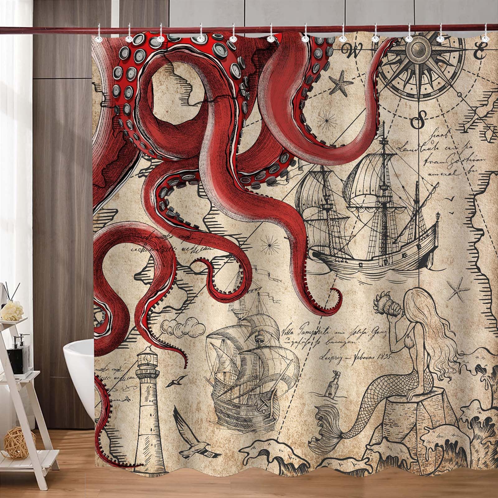 Fungarth 84 Inch Extra Long Vintage Red Nautical Octopus Shower Curtain Mermaid Funny Ocean Kraken Shower Curtains For Bathroom