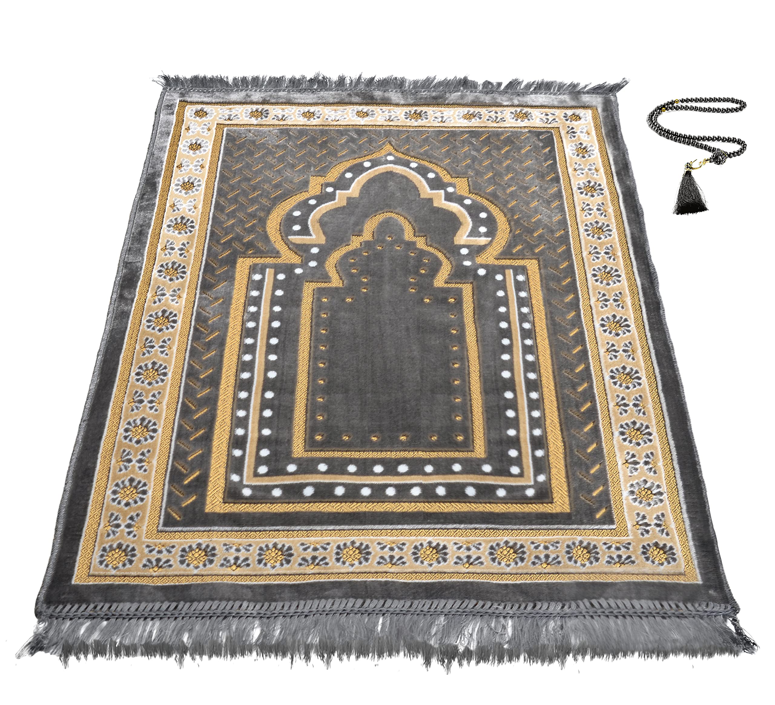 TB Islamic Prayer Rug Soft Velvet Muslim Mat Unique Arabic Turkish African Embroidered Design Prayer Bead Daily Salah Prayer Med