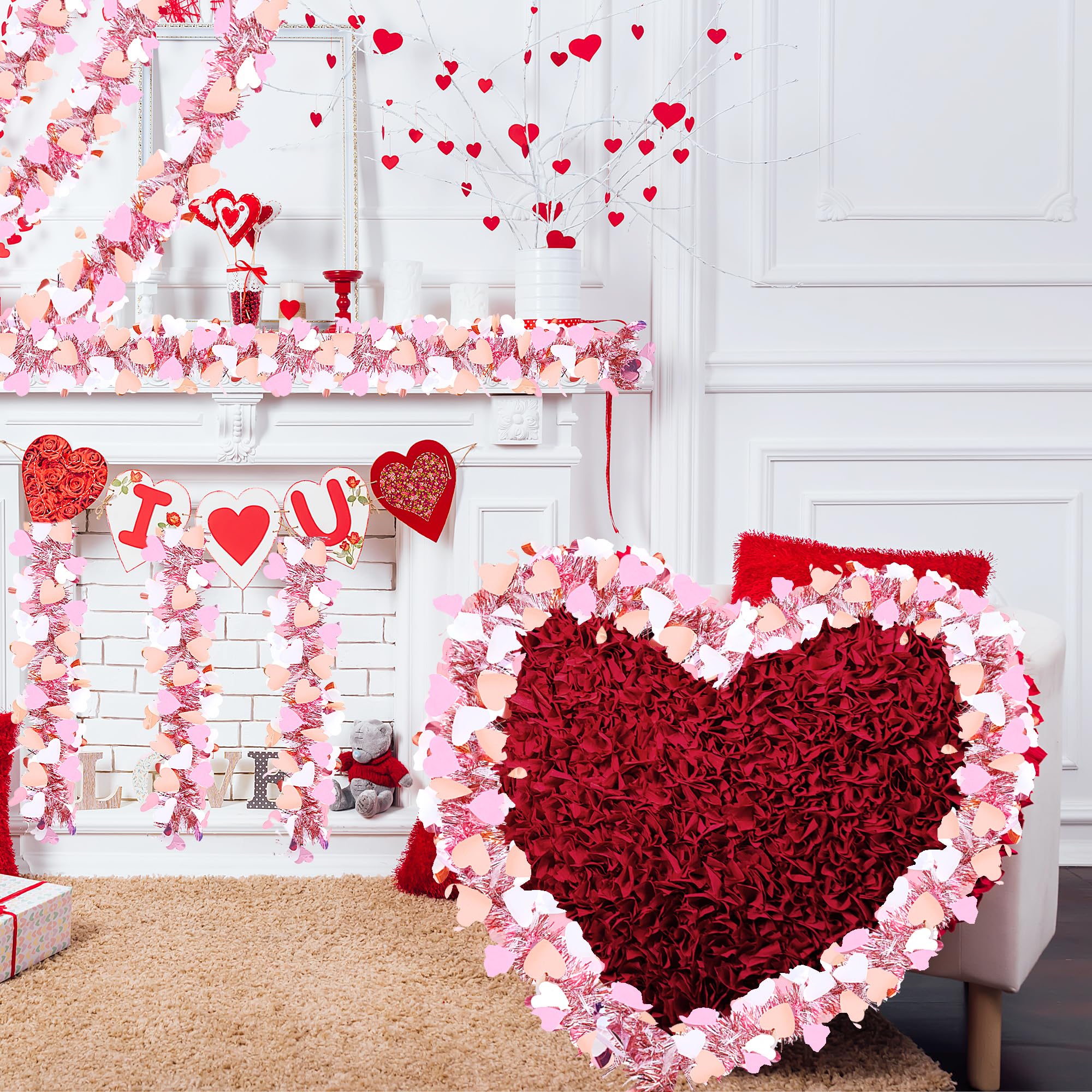 Sggvecsy 49.2Ft Valentines Day Heart Tinsel Garland Pink White Metallic Twist Garland Shining Ceiling Hanging Decorations for Va