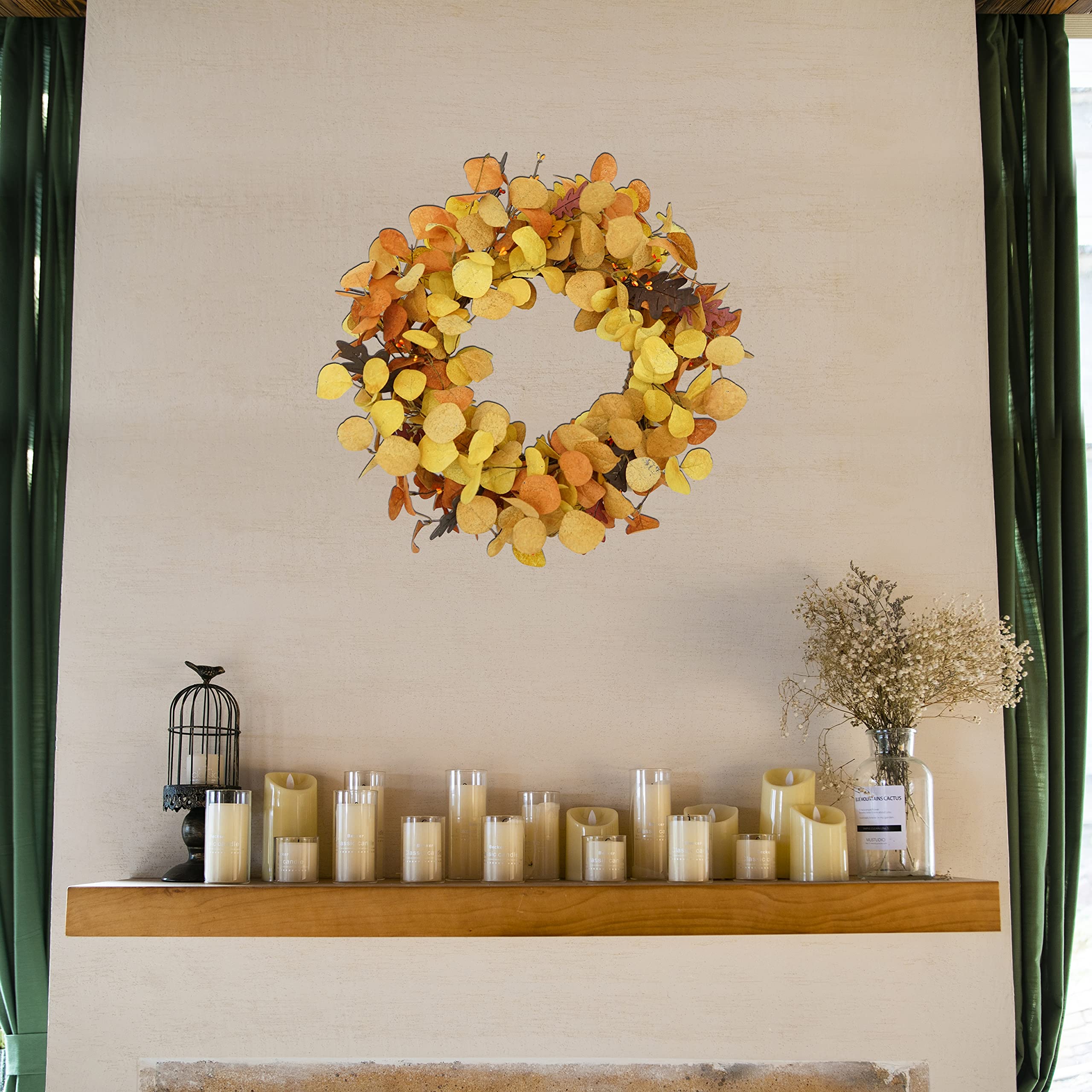 AMF0RESJ Artificial Fall Wreath for Front Door Autumn Eucalyptus Wreath with Orange Eucalyptus Leaves,Woodern Oak Leaves for Far