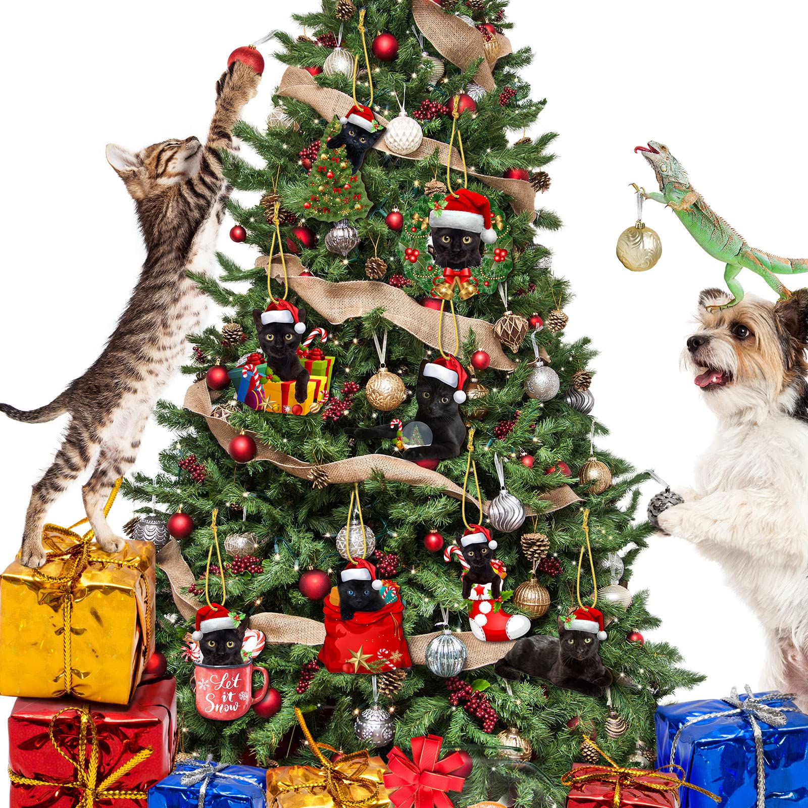 Bucherry 24 Pieces Christmas Black Cat Ornaments Wood Christmas Hanging Ornaments Wooden Cute Black Cat Ornaments Set for Christ