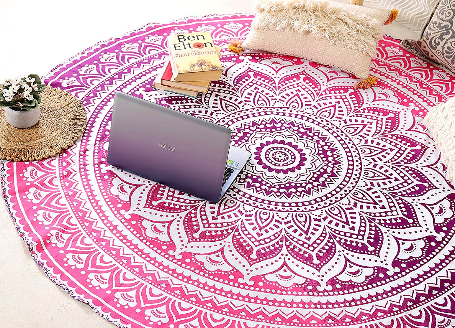 Raajsee Pink Round Beach Tapestry Hippie/Boho Beach Blanket Mandala Roundie/Indian Cotton Throw - Round Tablecloth/Home Decor/In