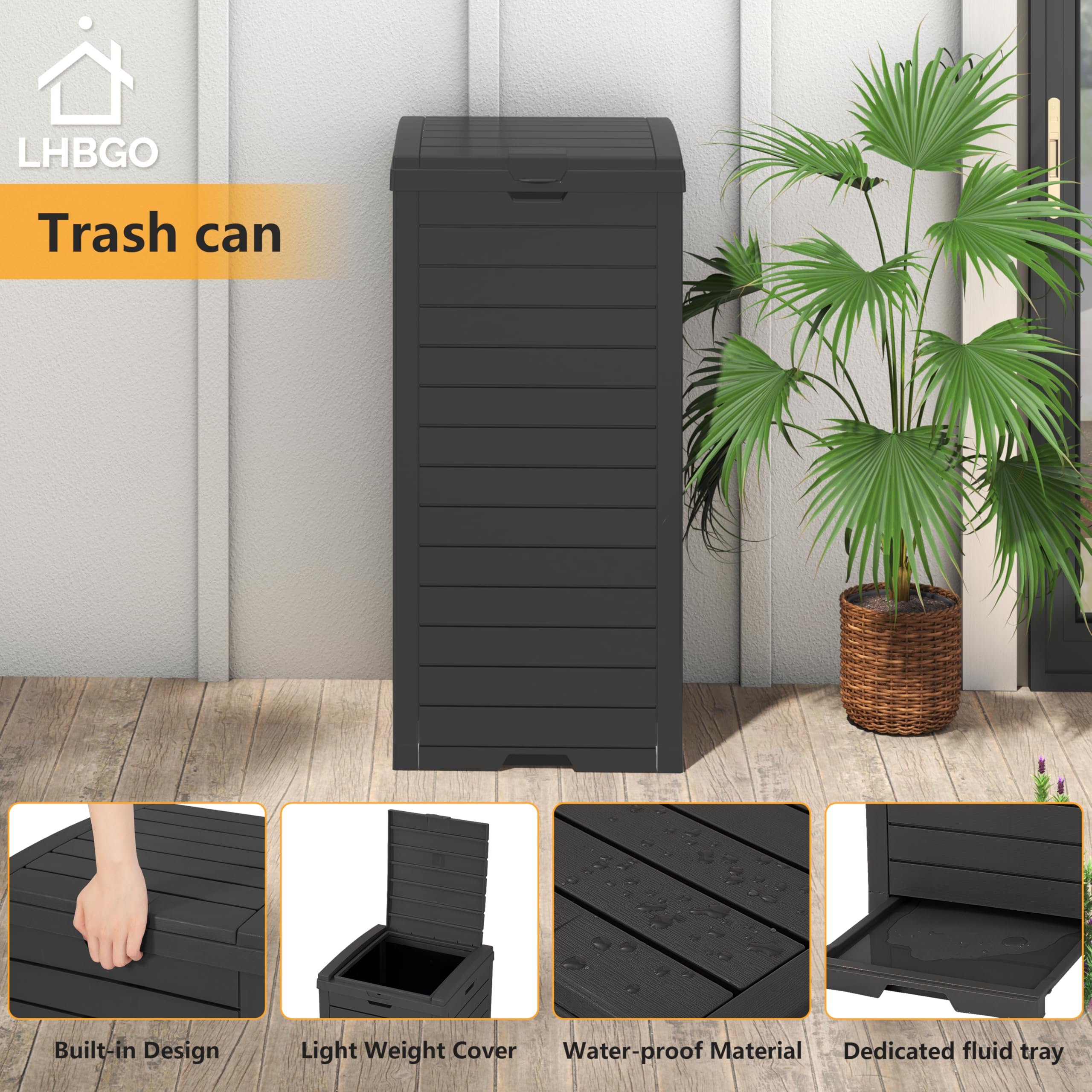 Lhbgo Outdoor Trash Can, 31 Gallon Garbage Can With Tiered Lid And Drip Tray, Waterproof Resin Outside Trash Bin For Patio, Back