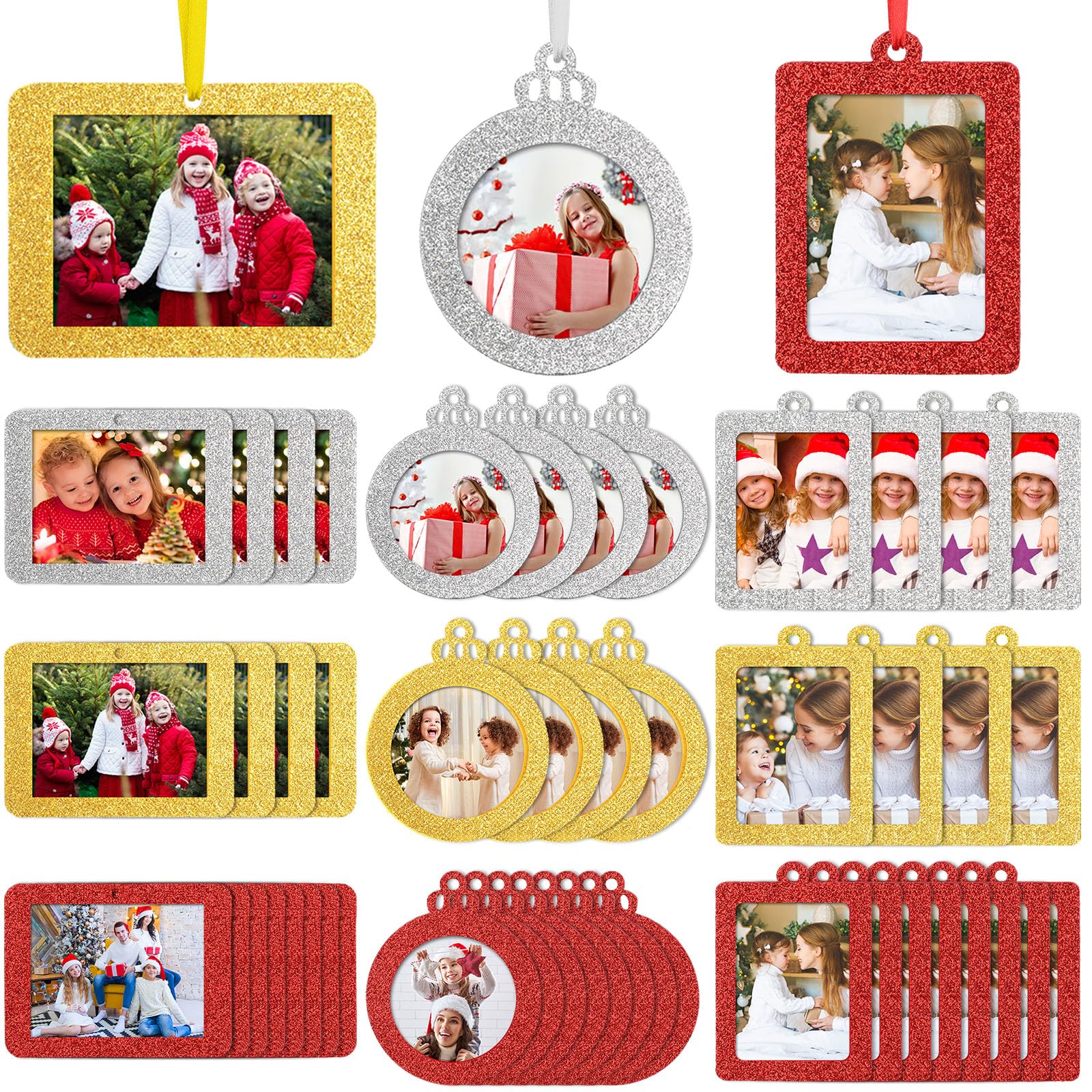 Queekay 48 Pieces Christmas Photo Ornaments Hanging Picture Frame Ornaments for Tree Glitter Small Picture Insert Frame for DIY 