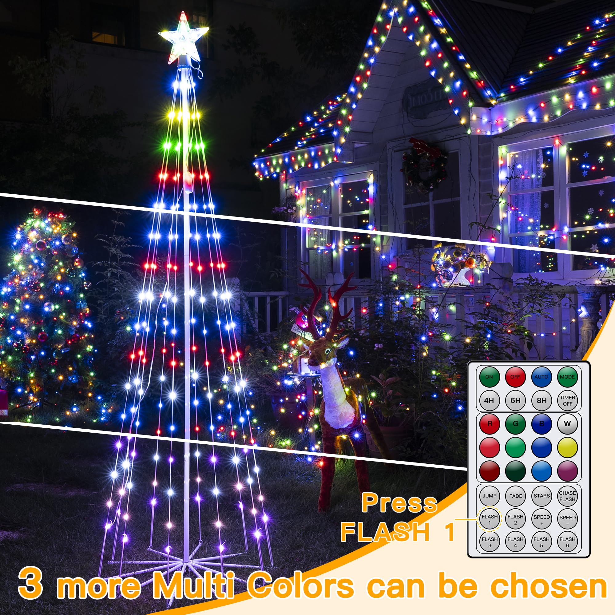 Ollny Christmas Tree Lights 6FT 170 LED, RGB 34 Modes Color Changing Outdoor String Light with Plug in Remote, Waterproof Star L