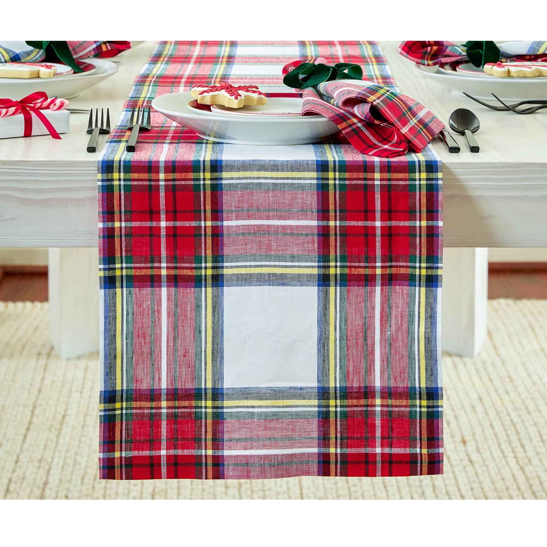 Solino Home Linen Plaid Table Runner 132 Inches Long - 100% Pure Linen Stewart Tartan Plaid White Table Runner 14 x 132 Inch for