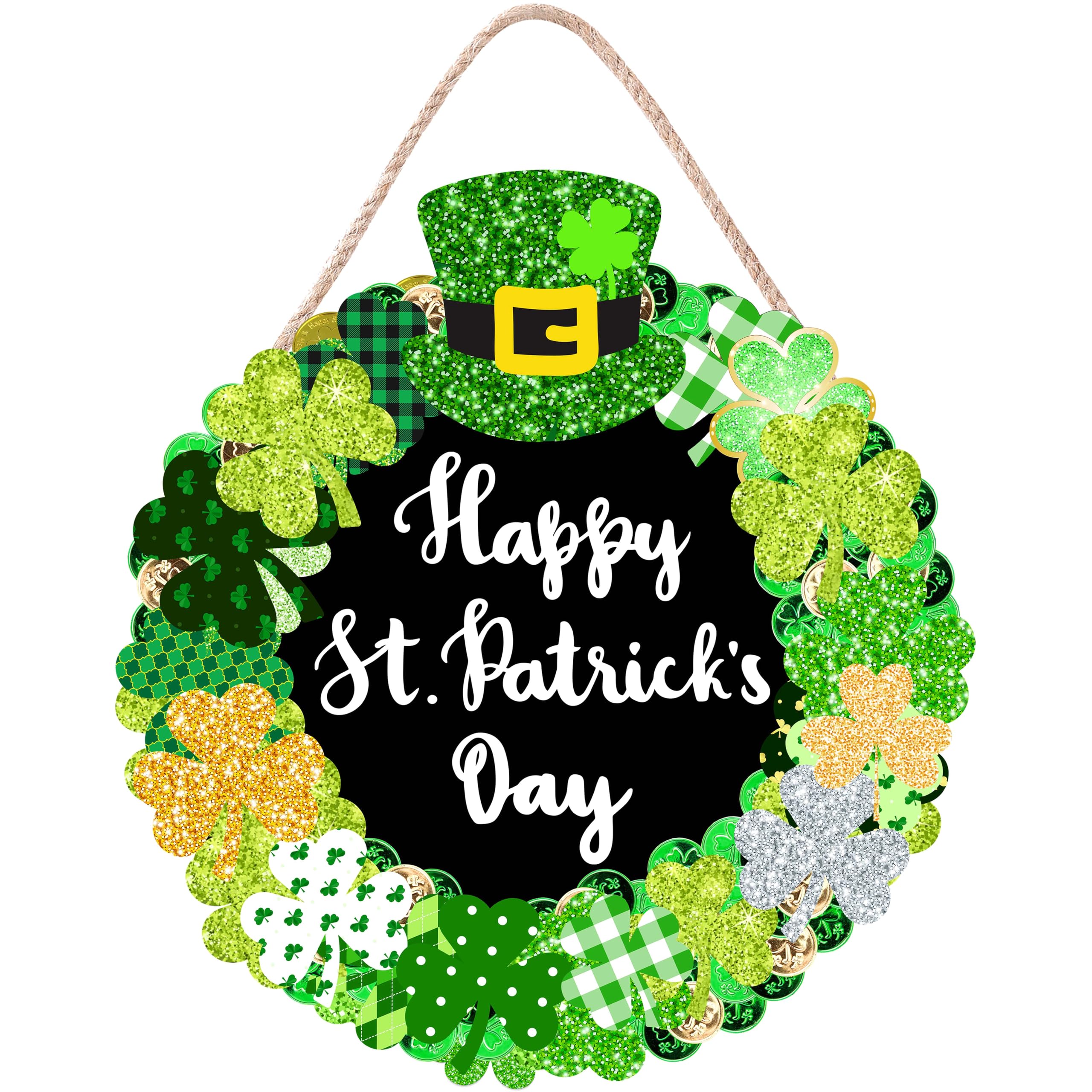 St. Patricks Day Wooden Wall Sign - Green Shamrock Decor, 12 x 12 Round Sign with Rope for Door Mount, Happy St. Patricks Day