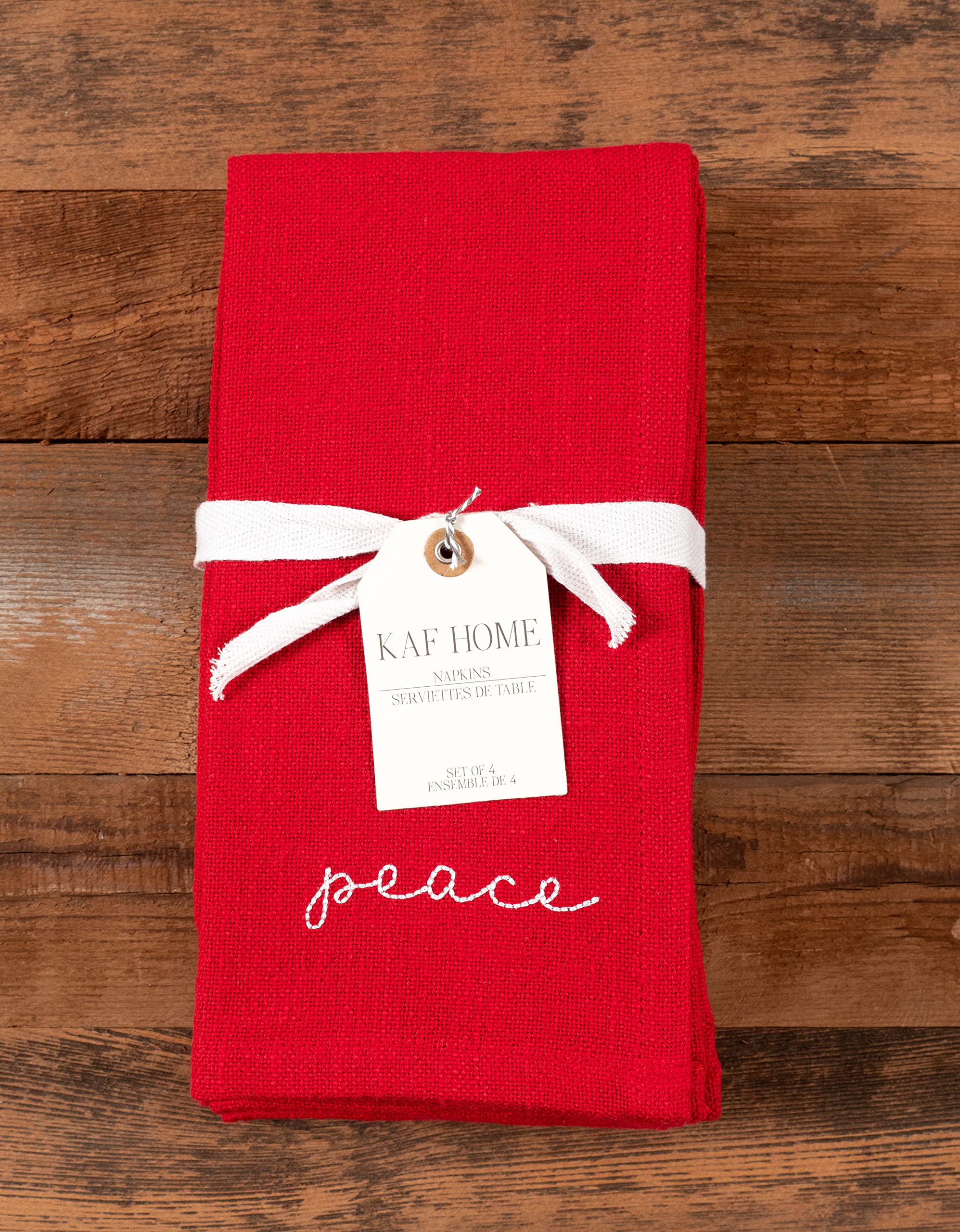 KAF Home Embroidered Holiday Dinner Napkins - 100% Cotton Enzyme Washed Slubbed Cloth Napkins - Set of 4 (Peace)