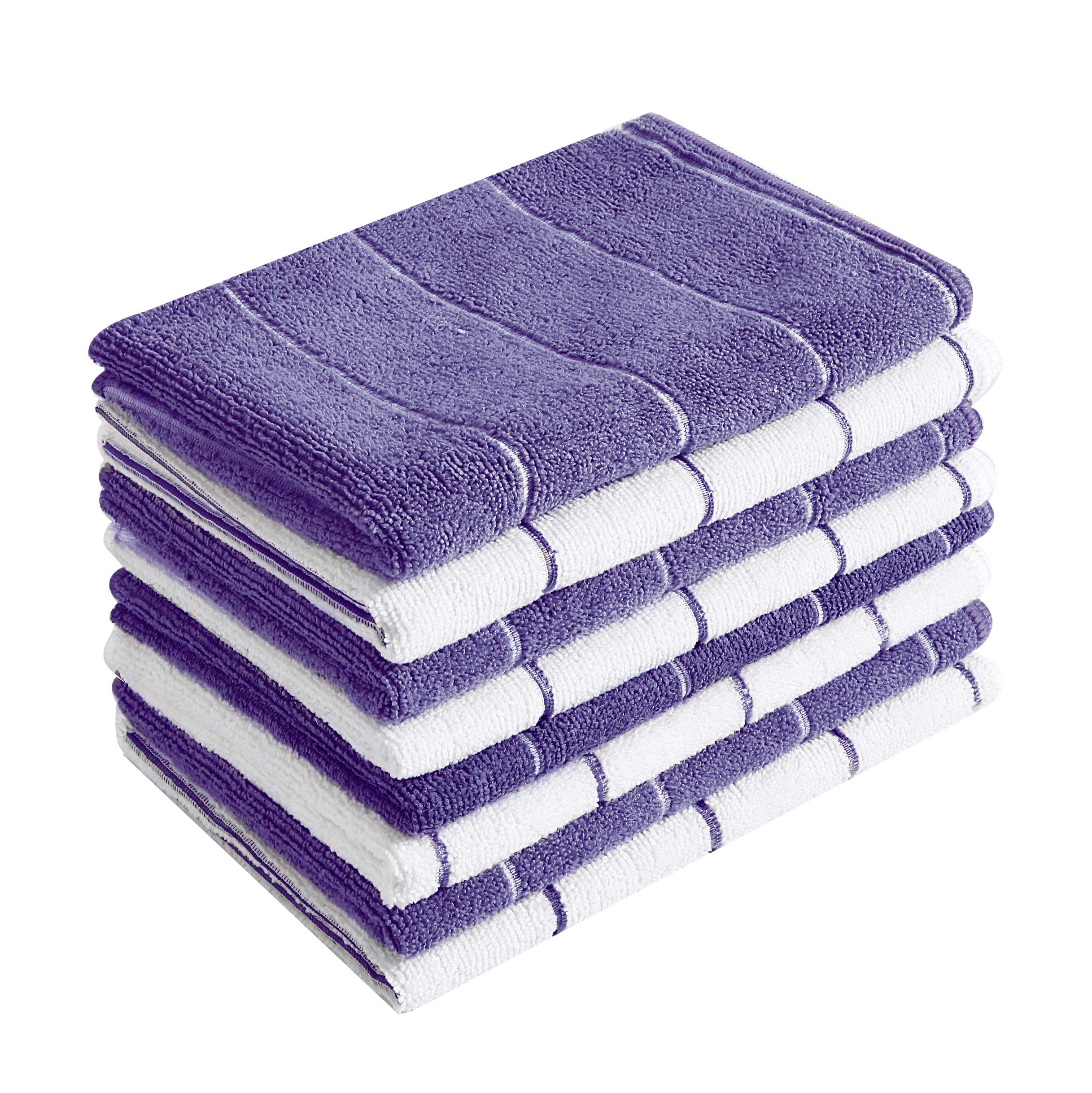 Microfiber Kitchen Towels - Super Absorbent, Soft And Solid Color Dish Towels, 8 Pack (Stripe Designed Purple And White Colors),