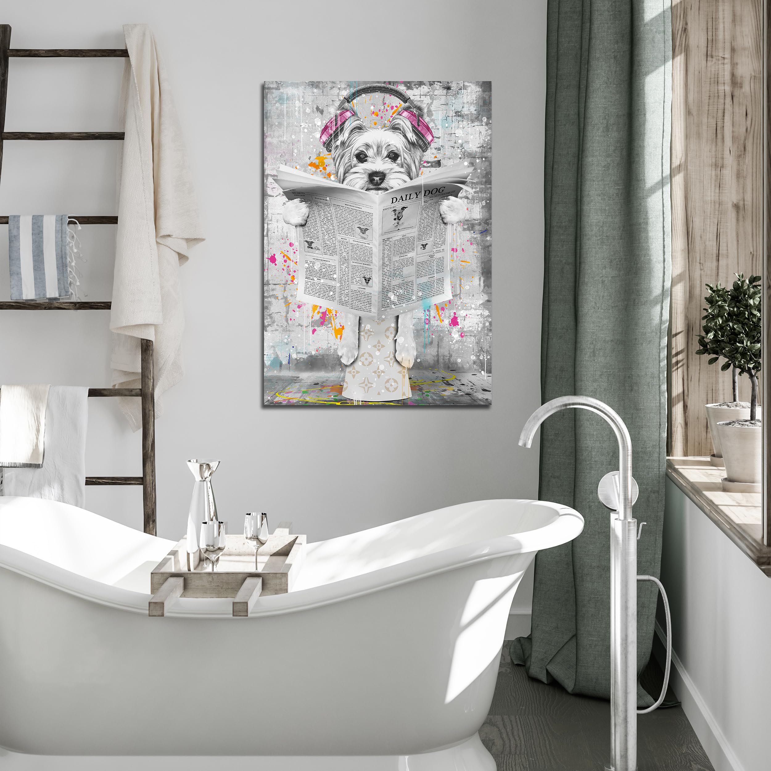 Entanub Bathroom Wall Art, Funny Graffiti Dog Canvas Print Painting For Bedroom, Black And White Picture Decor, Size 16X24 Inche