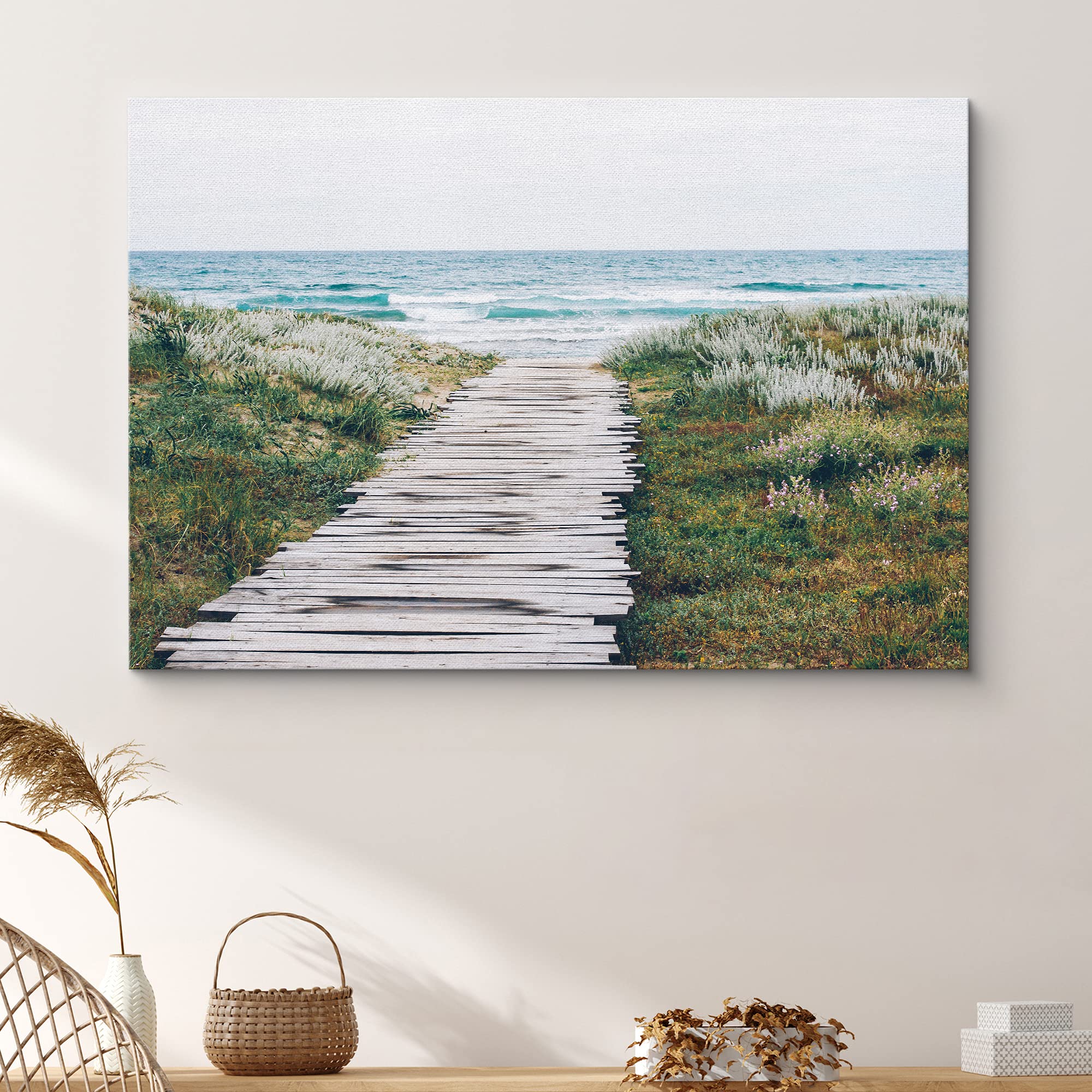Signford Canvas Print Wall Art Wooden Walkway Onto The Beach Shore Nature Wilderness Photography Realism Nautical Scenic Relax/C