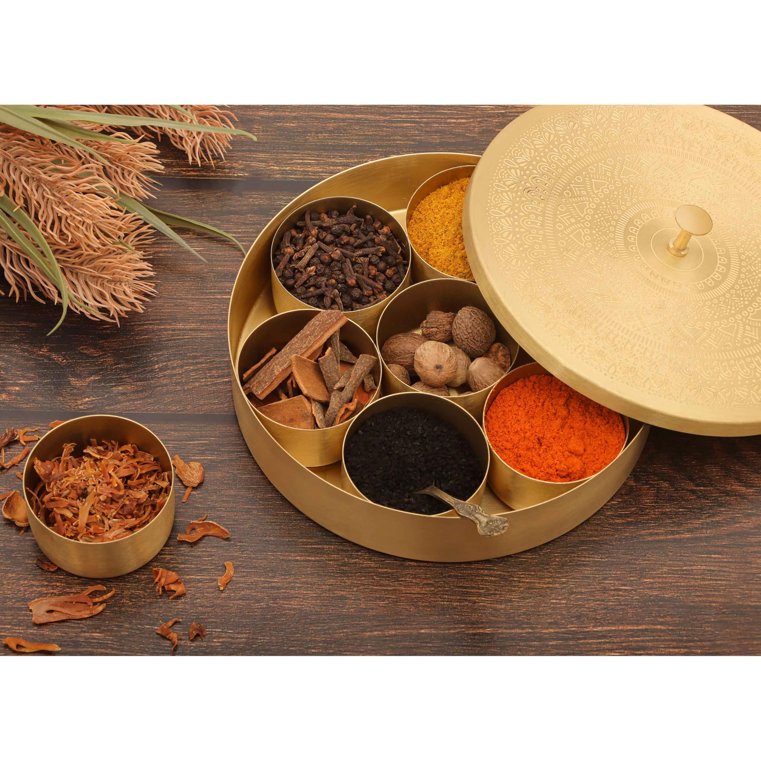 Akshata Handcrafted Brass Masala Box For Kitchen With Spoon (7 Containers, 120 Ml)  Brass Masala Box For Kitchen  Species Cont