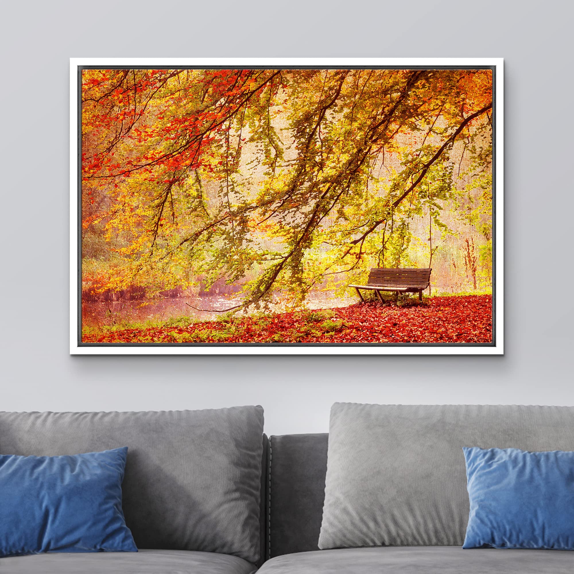 wall26 Framed Canvas Print Wall Art Watercolor Effect Bench in Autumn Park Nature Wilderness Illustrations Modern Art Rustic Scenic Colorful for Living Room  Bedroom  Office - 16''x24'' White