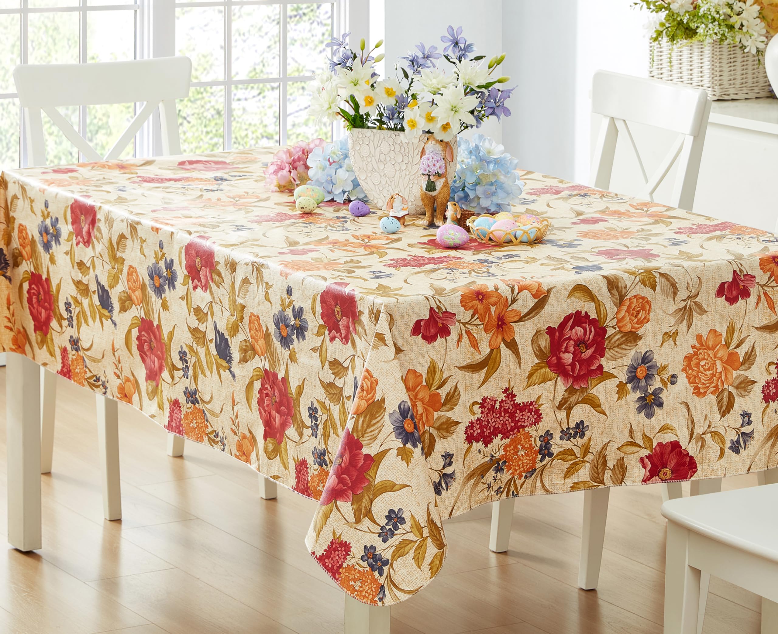 Newbridge Nicolette Multicolor Floral Indoor Outdoor Vinyl Tablecloth with Flannel Backing, Traditional Tapestry Flower Wipe Cle