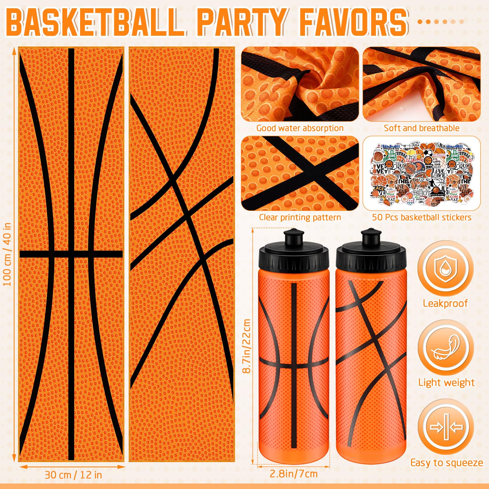 FuWeave 12 Pcs Basketball Water Bottle Basketball Cooling Towel Set with 50 Sticker Sports Party Favors Include 6 Reusable Sport