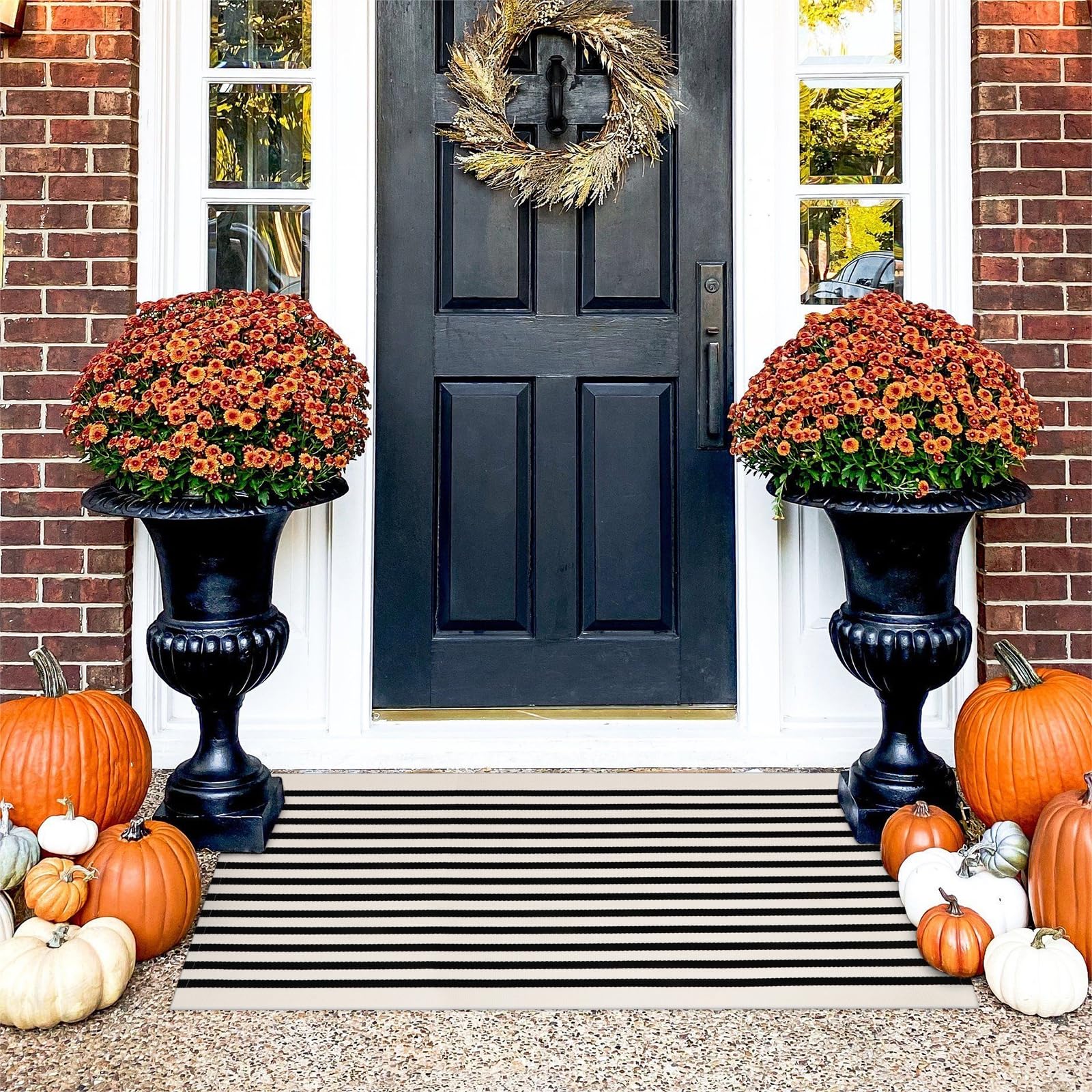Black and White Outdoor Rug Fall Door Mat 24x 51,Collive Cotton Woven Striped Front Doormat,Washable Front Porch Decor, for Farm