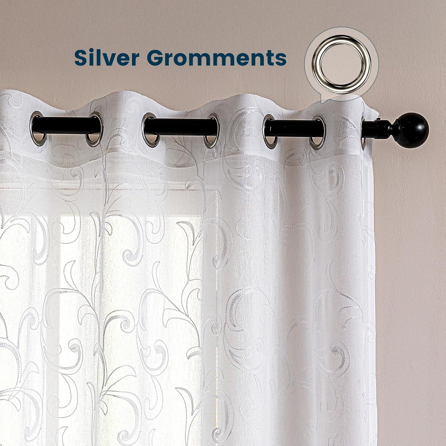 White Leaf Lightweight Washable Sheer Curtains for Living Room & Bedroom