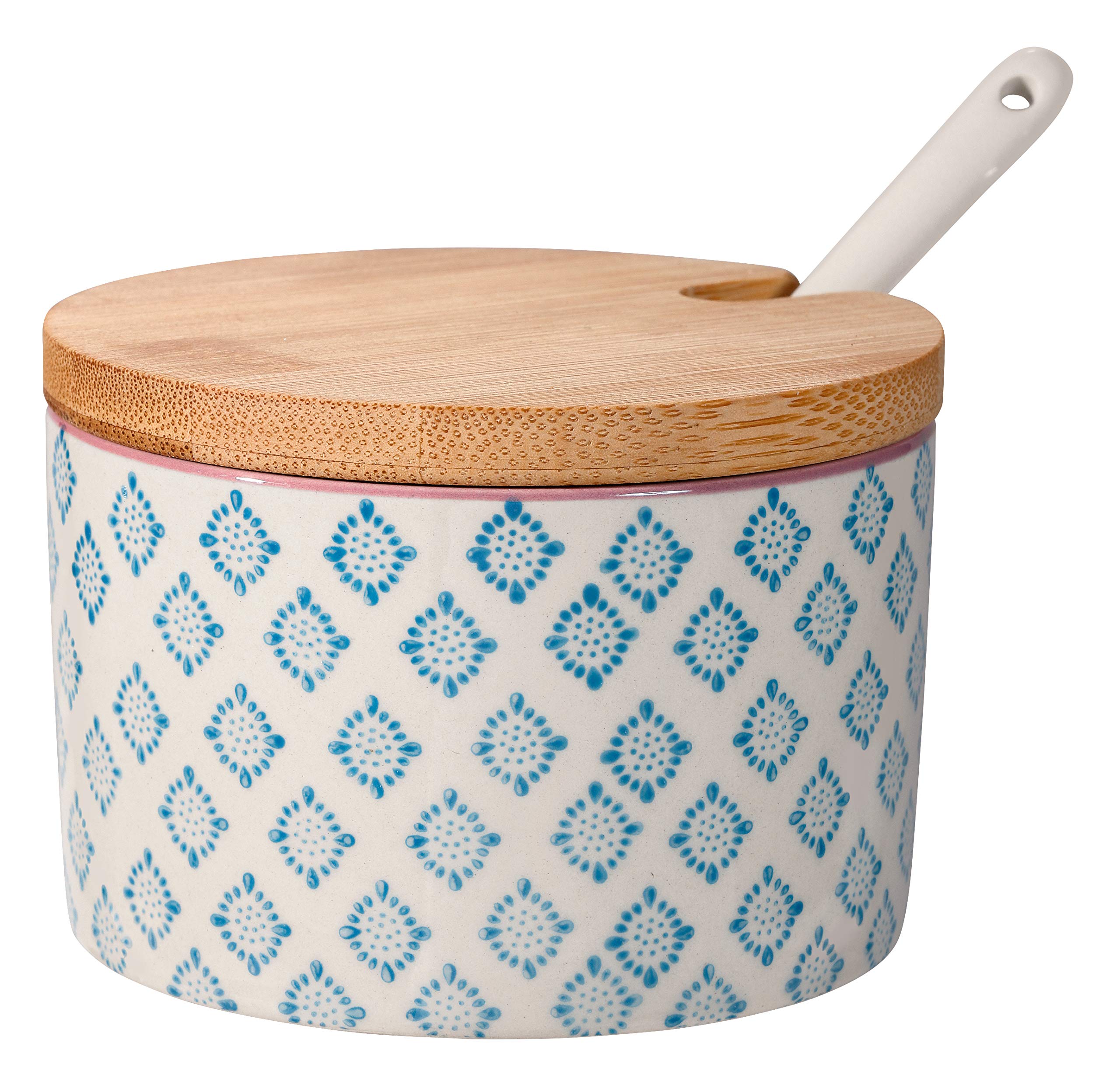 Bloomingville Sugar Bowl Patrizia Stoneware With Bamboo Lid/Spoon - Jar For Salz, Jam, Mustard Dia 4'' H 2.75'', Blue, Stoneware