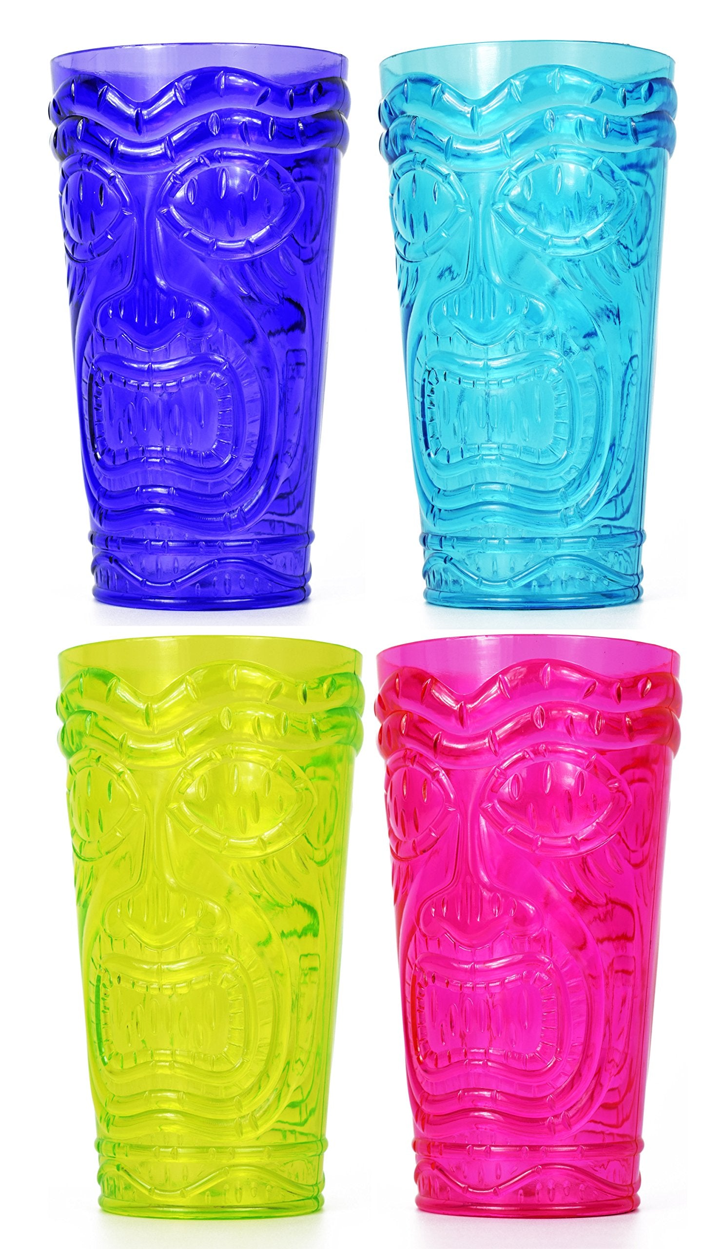 Set Of 4 Party Tiki Cups! Bpa Free 18 Ounce Tumbler Drinkware Set Luau Shape! 4 Bright Colors! Tiki Mugs! Reusable Plastic Party