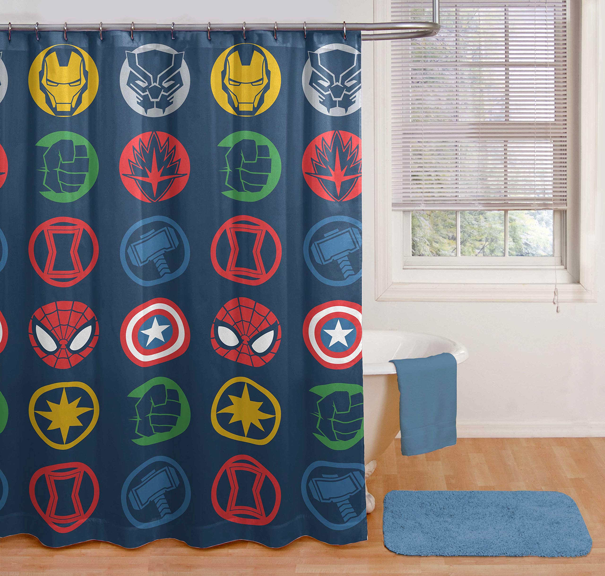 Jay Franco Marvel Avengers Shields Shower Curtain & Easy Care Fabric Kids Bath Curtain Features Captain America  Iron Man  Thor  & Spiderman (Official Marvel Product)