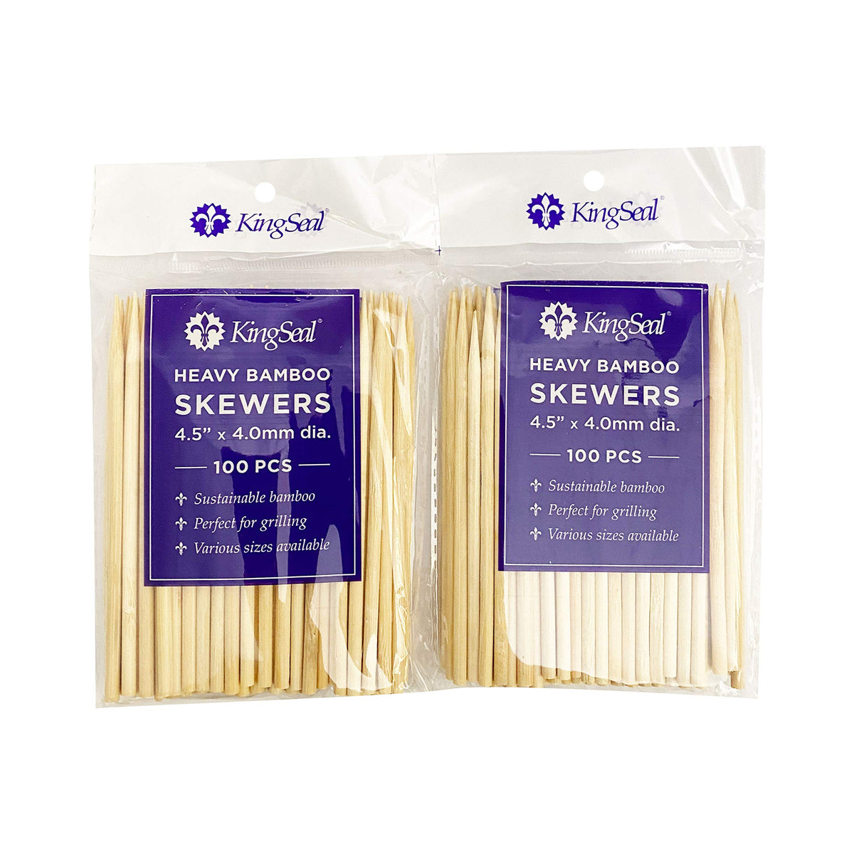 Kingseal Renewable Bamboo Heavy Duty Skewers, Sticks, 4.5 Inches X 3.8 Mm Diameter, Retail Pack - 2 Bags Of 100 Skewers (200 Cou