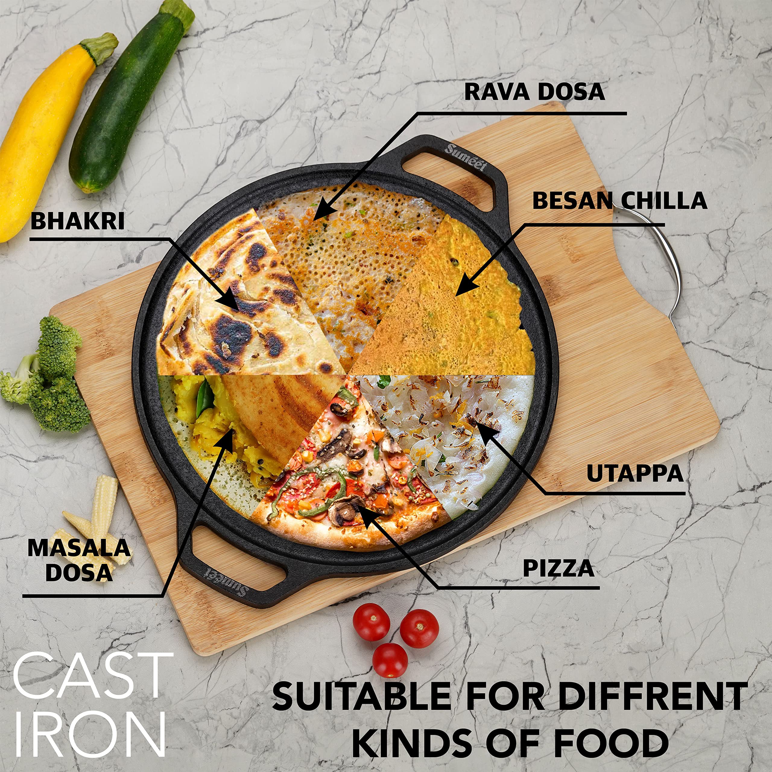 Sumeet Pre Seasoned Heavy Weight Cast Iron Flat Dosa Tawa,Induction Friendly, 30Cm, Weight - 3.070Kg, Black