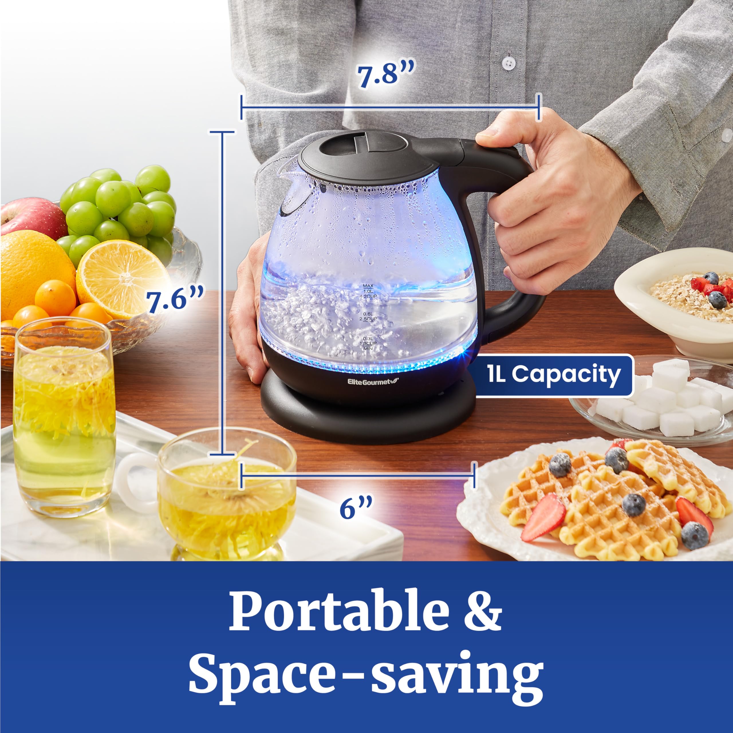 Elite Gourmet Electric Glass Kettle 1.0L, BPA-Free, 1100W, Stylish Blue LED, Auto Shut-Off, Graphite Black, Model EKT1001B