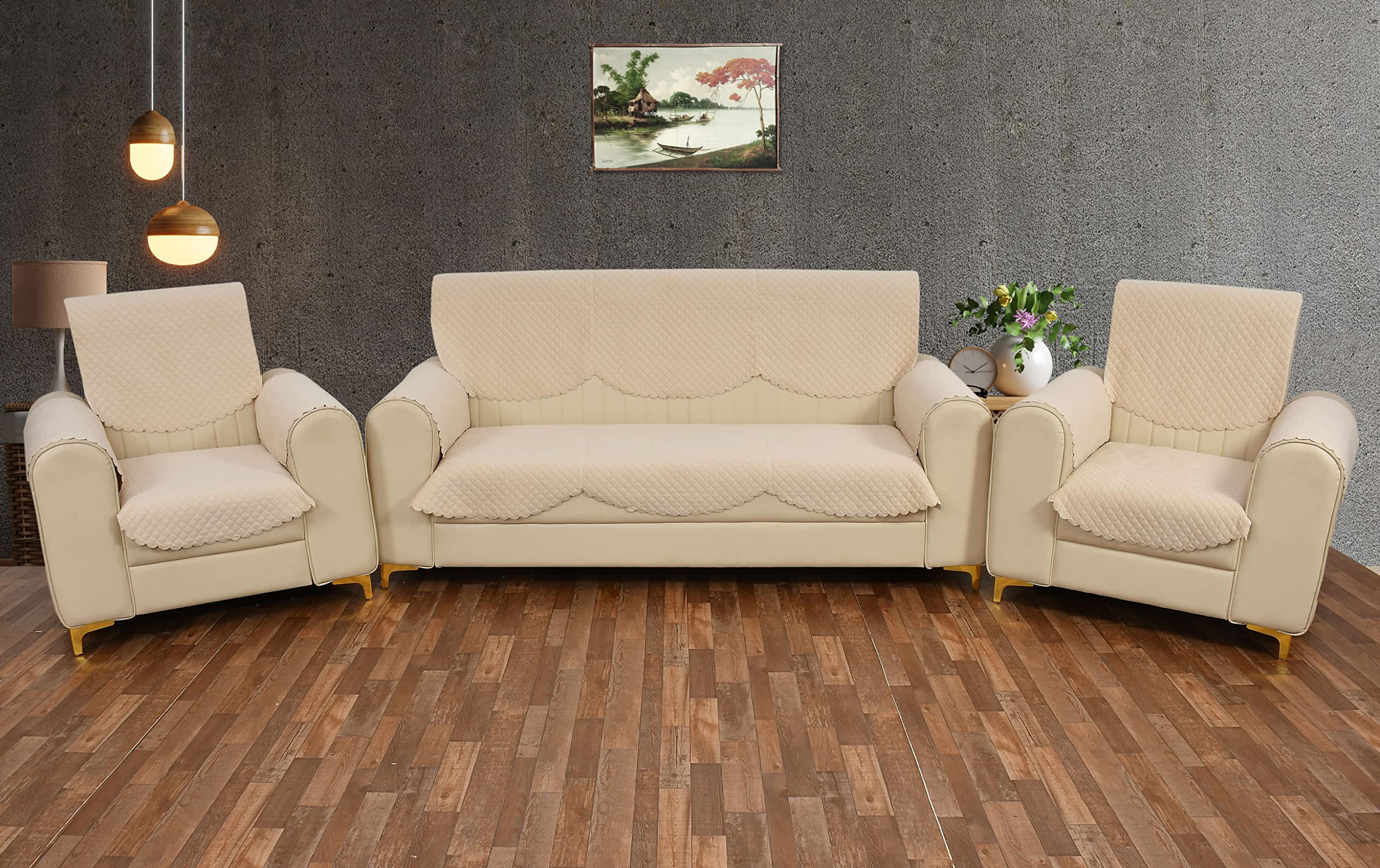 Yellow Weaves 5 Seater Self Design Quilted Sofa Cover And Chair Cover With Arm Cover, Seat & Back Cover, Color - Beige, Velvet