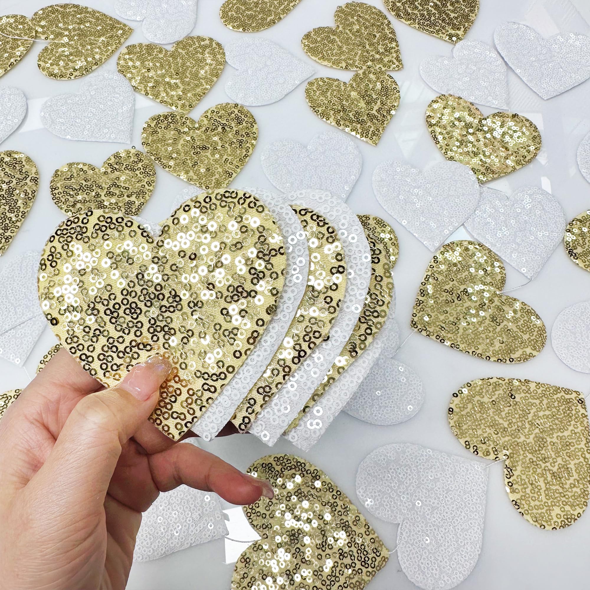 Gold And White Heart Decorations Double Sided Sequin 3D Heart Hanging Wall Art Ornament Garland For Nursery Classroom Bedroom Va