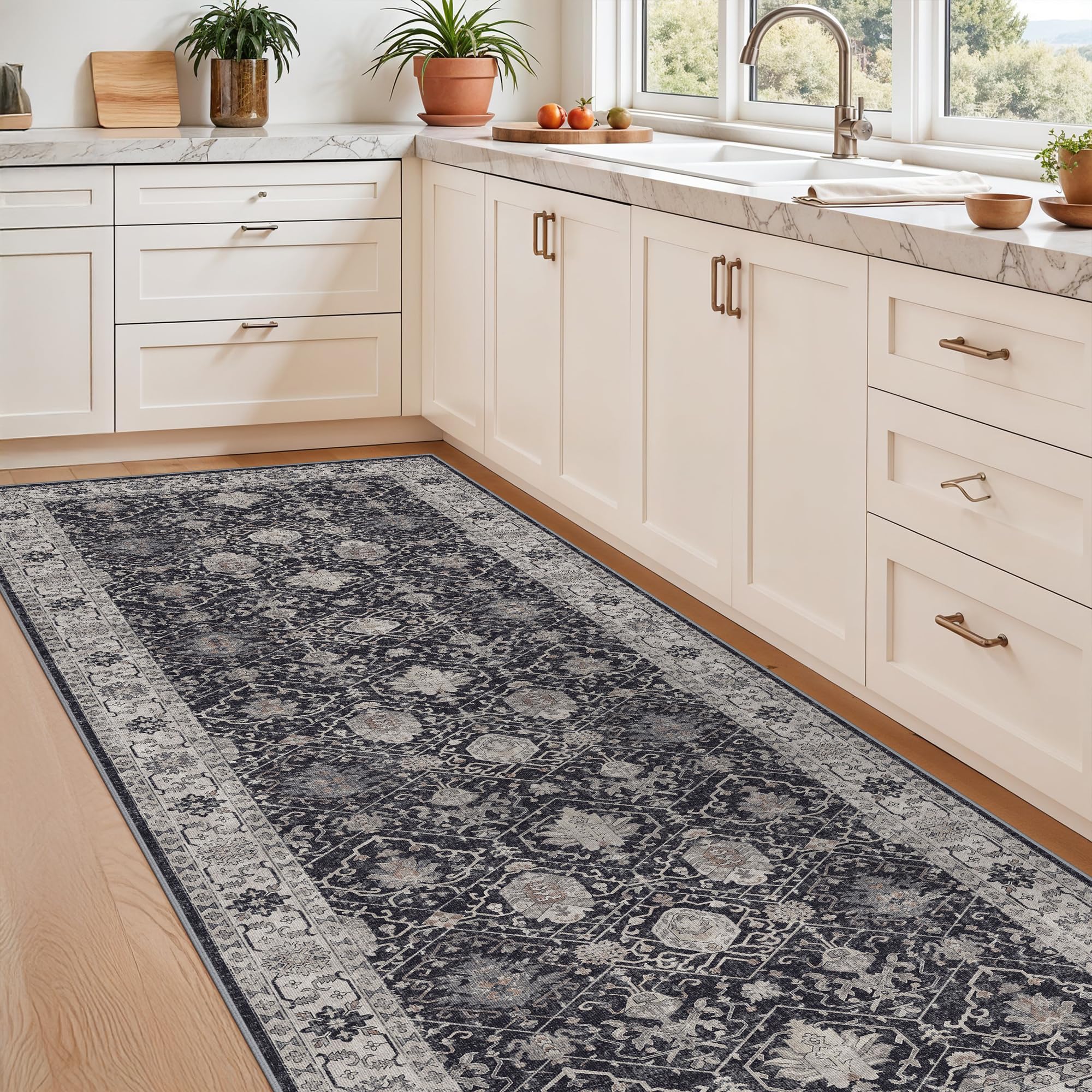 Washable 3x7 Entryway Runner Rug: Farmhouse Wide Kitchen Rug Soft Water Resistant Floor Mat for Bathroom Bedroom Nursery Non-Sli