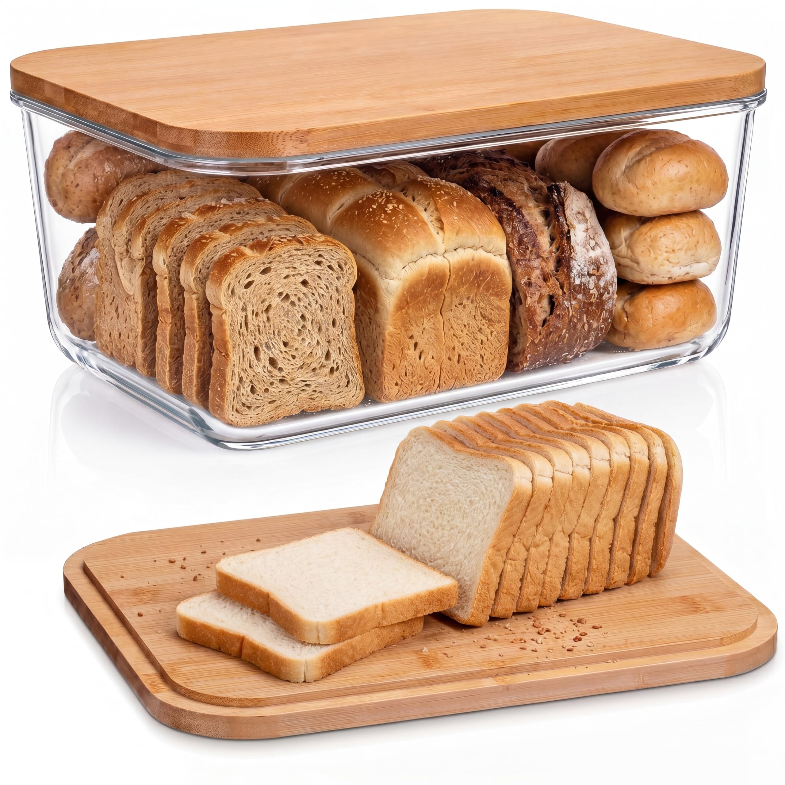 Yiyiring Glass Bread Box with Cutting Board for Kitchen Countertop Large Bread Storage Container with Bamboo Lid Modern Kitchen 