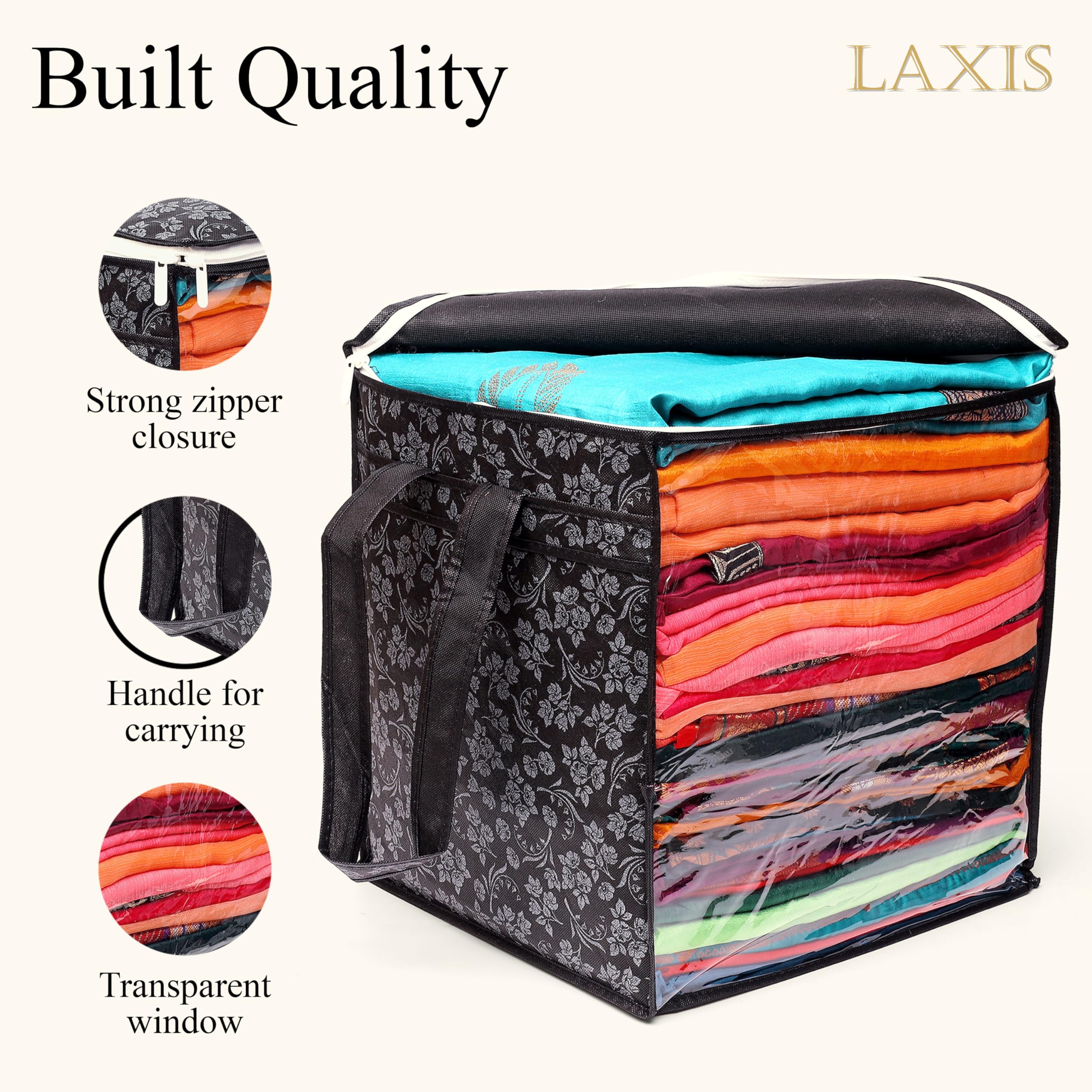 LAXIS Non-Woven Jumbo Saree Bags, Black Color Transparent Saree Covers With Zip, Saree Covers For Storage With Moisture & Dust P