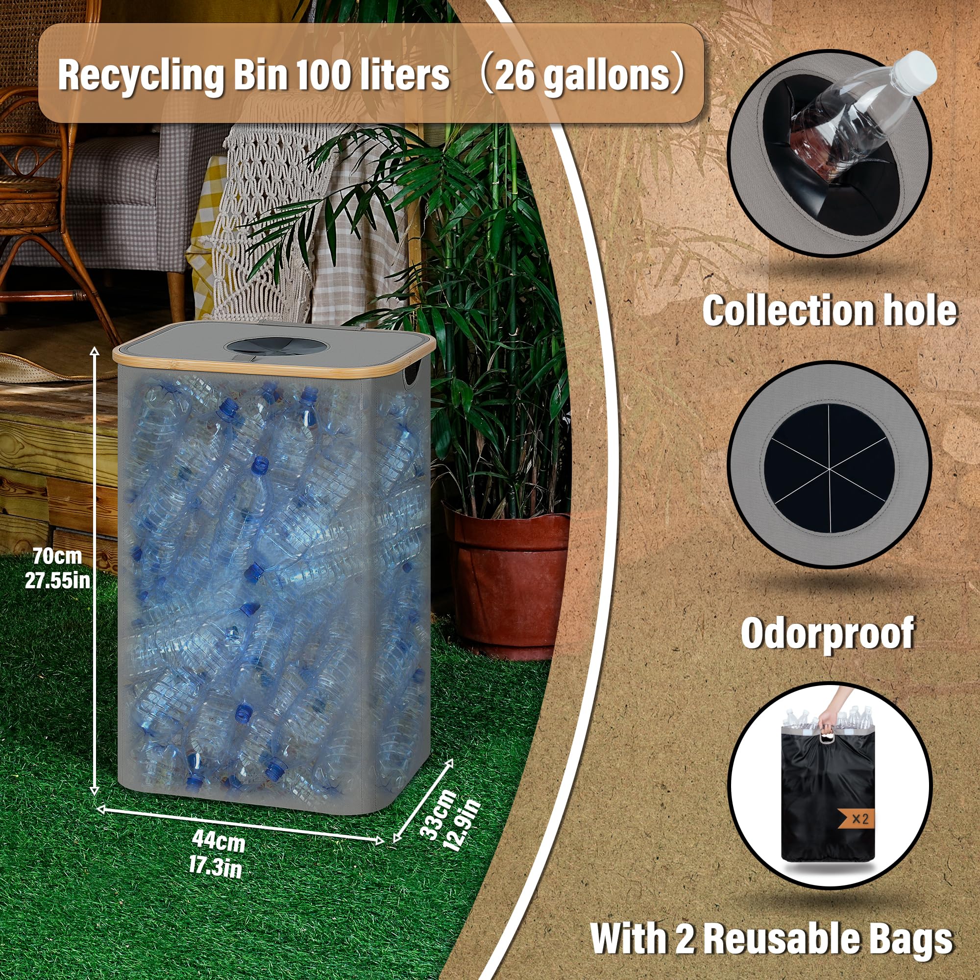Efluky Recycle Bin 26 Gallon, 100L Recycle Bin For Kitchen With 2 Removeable And Reusable Inner Bag, Large Recycling Bin With Li