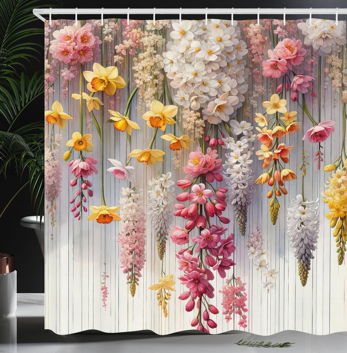 Ambesonne Spring Shower Curtain, Farmhouse Dream Theme Lavenders Blooming Flowers With Abstract Stripes, Cloth Fabric Bathroom D